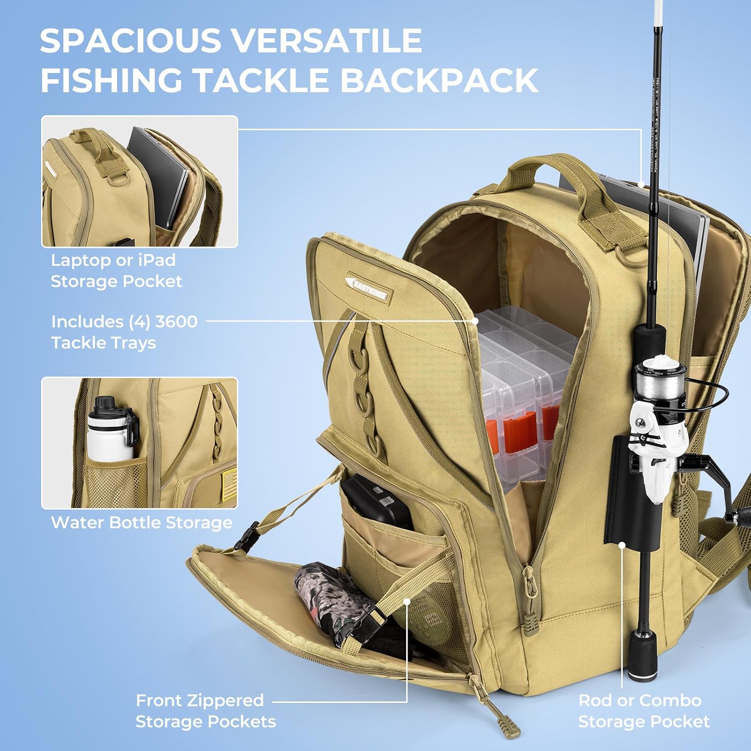 KarryAll Fishing Backpack with Rod Holder 4 Tackle Boxes, 40/26L | Tackle Bag Storage Fishing Gear and Equipment