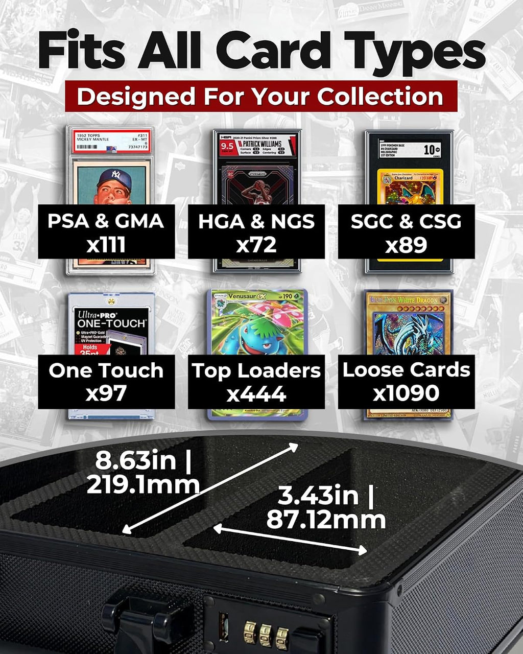 3-Row Graded Card Case - Graded Card Storage Box with Combination Lock | PSA slab case with lid display and 6 foam