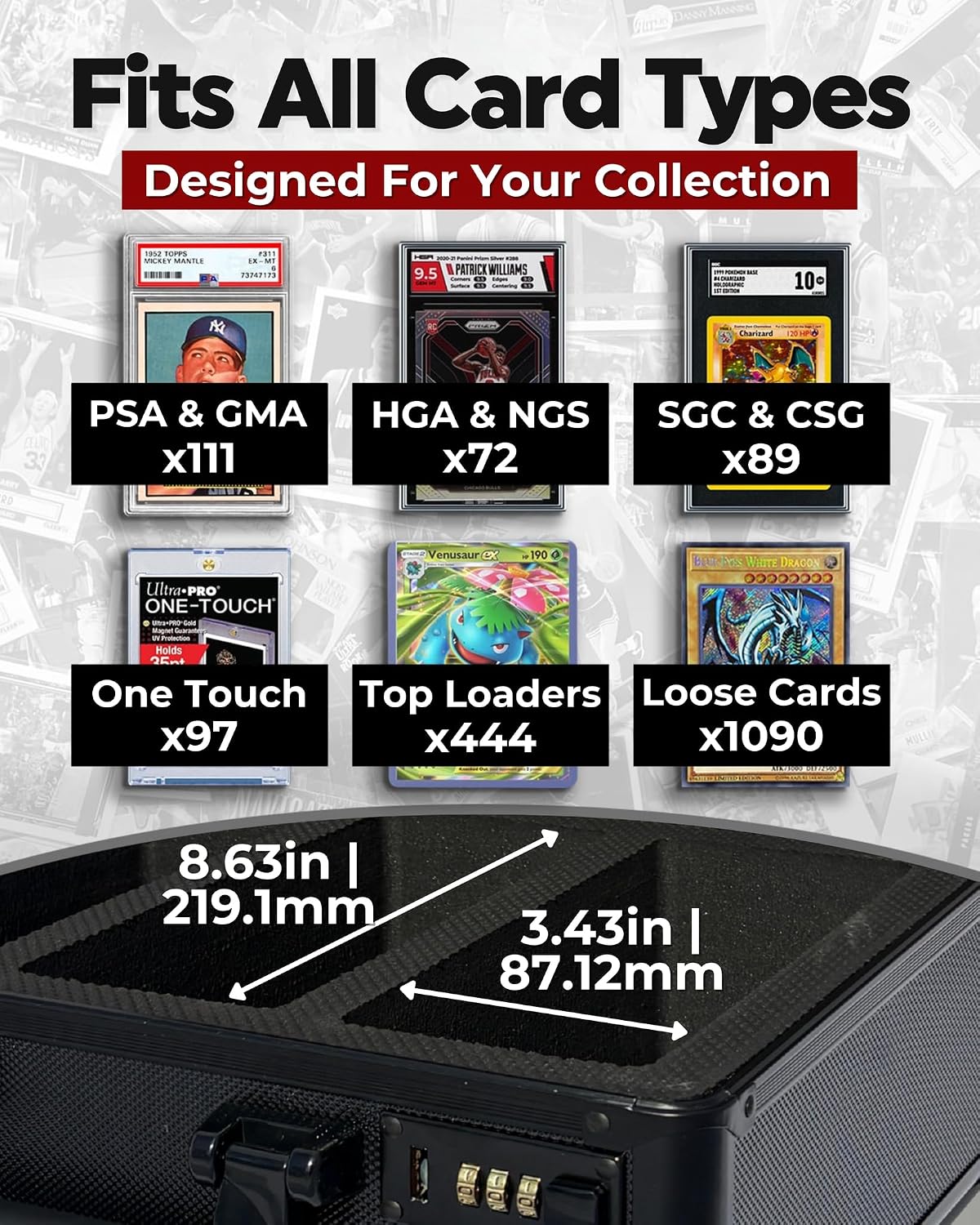 3-Row Graded Card Case - Graded Card Storage Box with Combination Lock | PSA slab case with lid display and 6 foam