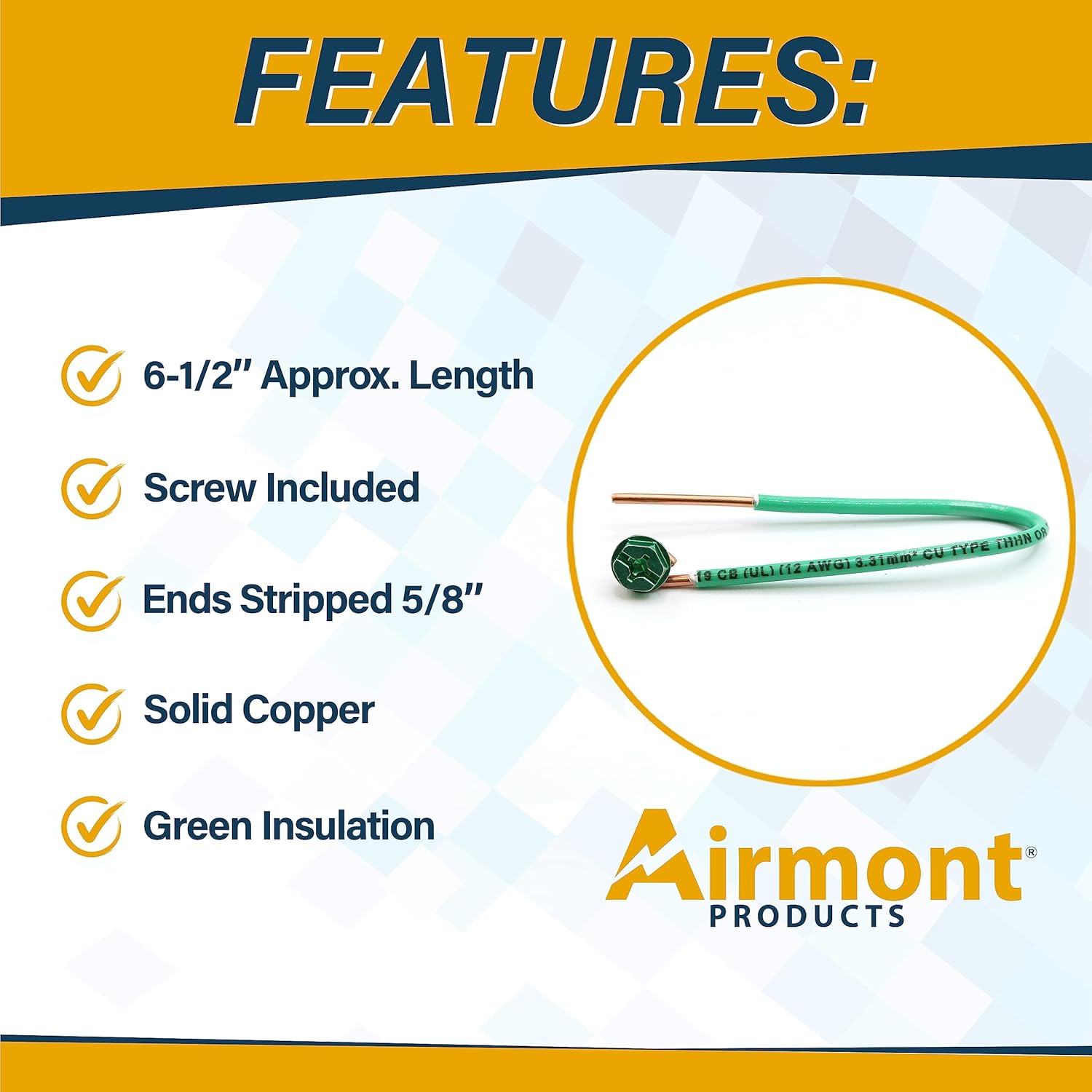 (Pack of 10) 12 AWG Solid Copper Ground Wire with Green Ground Screws – 6.5" Edge-Stripped Grounding Wire, 5/8"