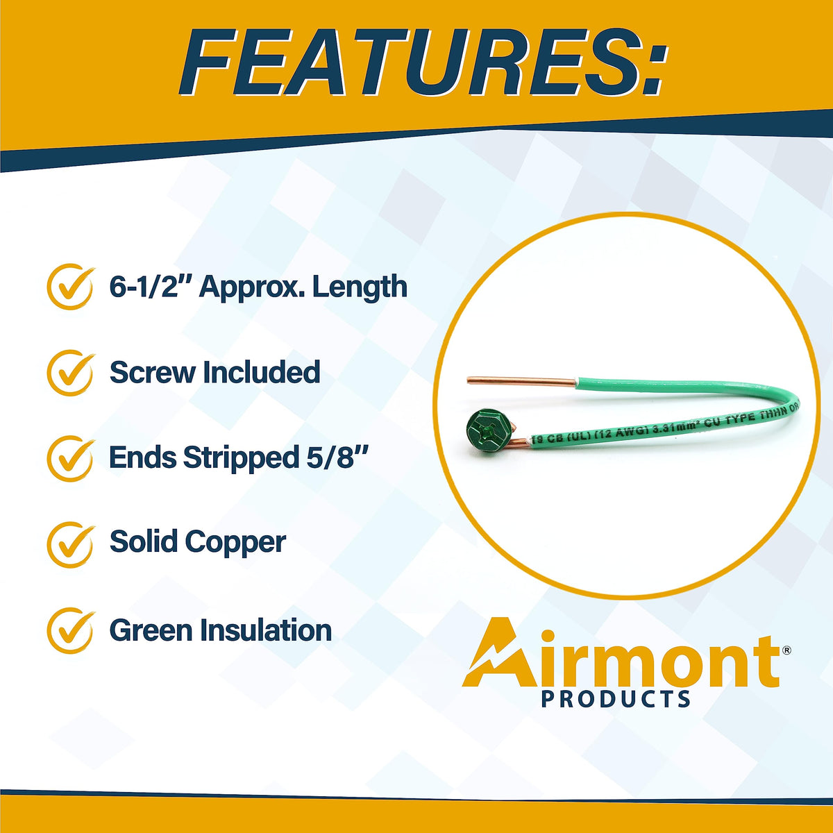 (25 Pack) 12 AWG Solid Copper Ground Pigtail Wire with Green Ground Screws