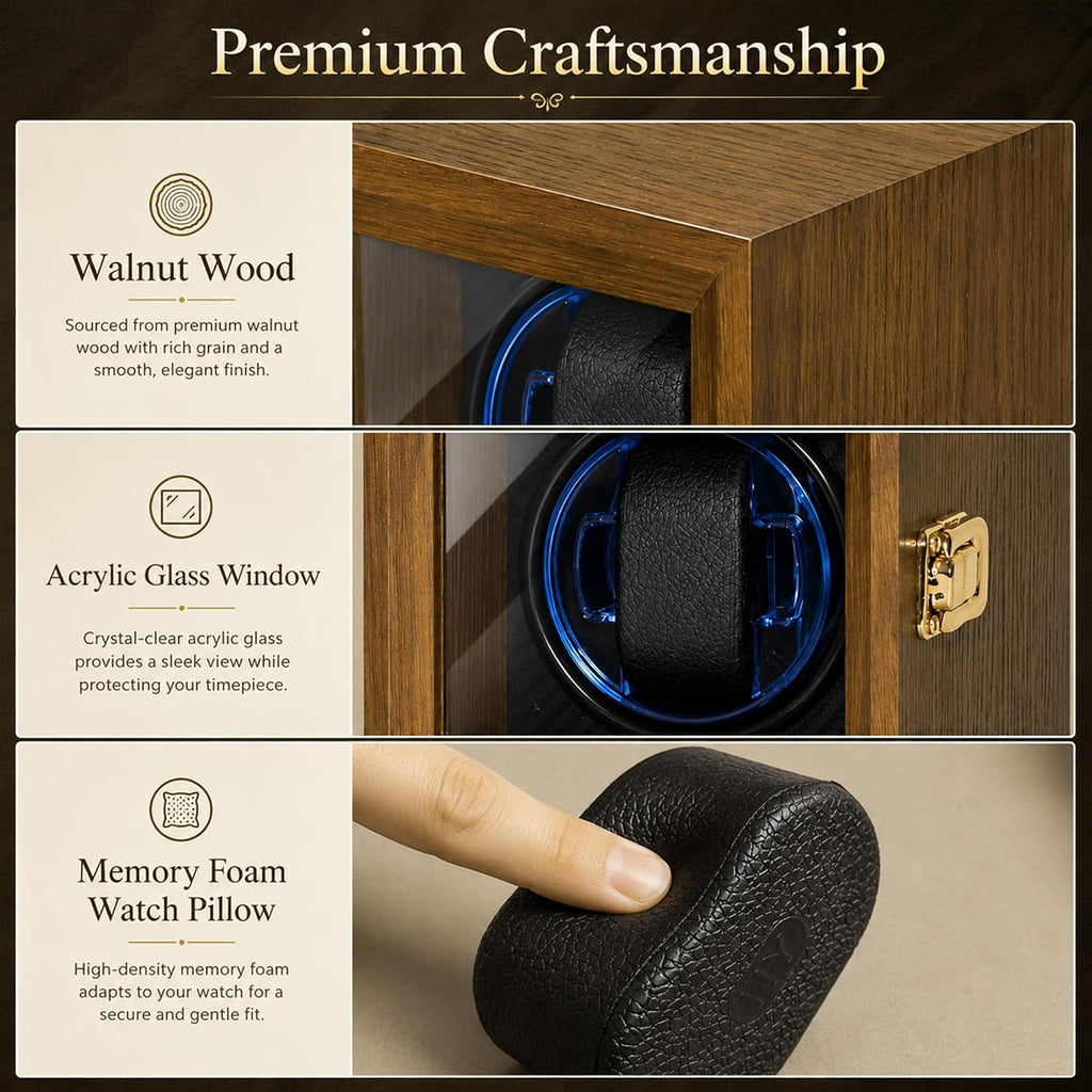 Watch Winder for Automatic Watches, Walnut Single Winding Watch Box with Blue LED & Japanese Quiet Motor for Rolex