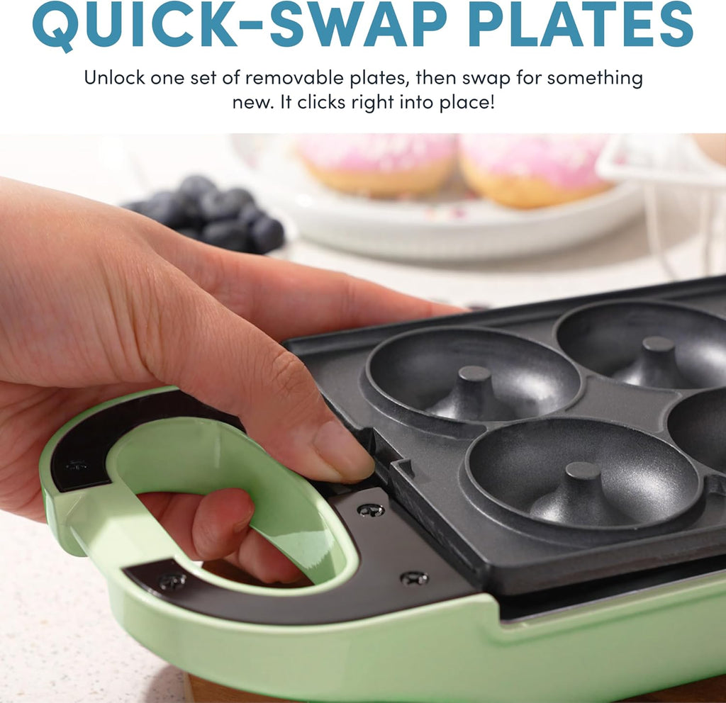 Swap & Flip Waffle Maker with Removable Plates: 3-in-1 Panini Press, Mini Donut Maker, and Waffle Iron