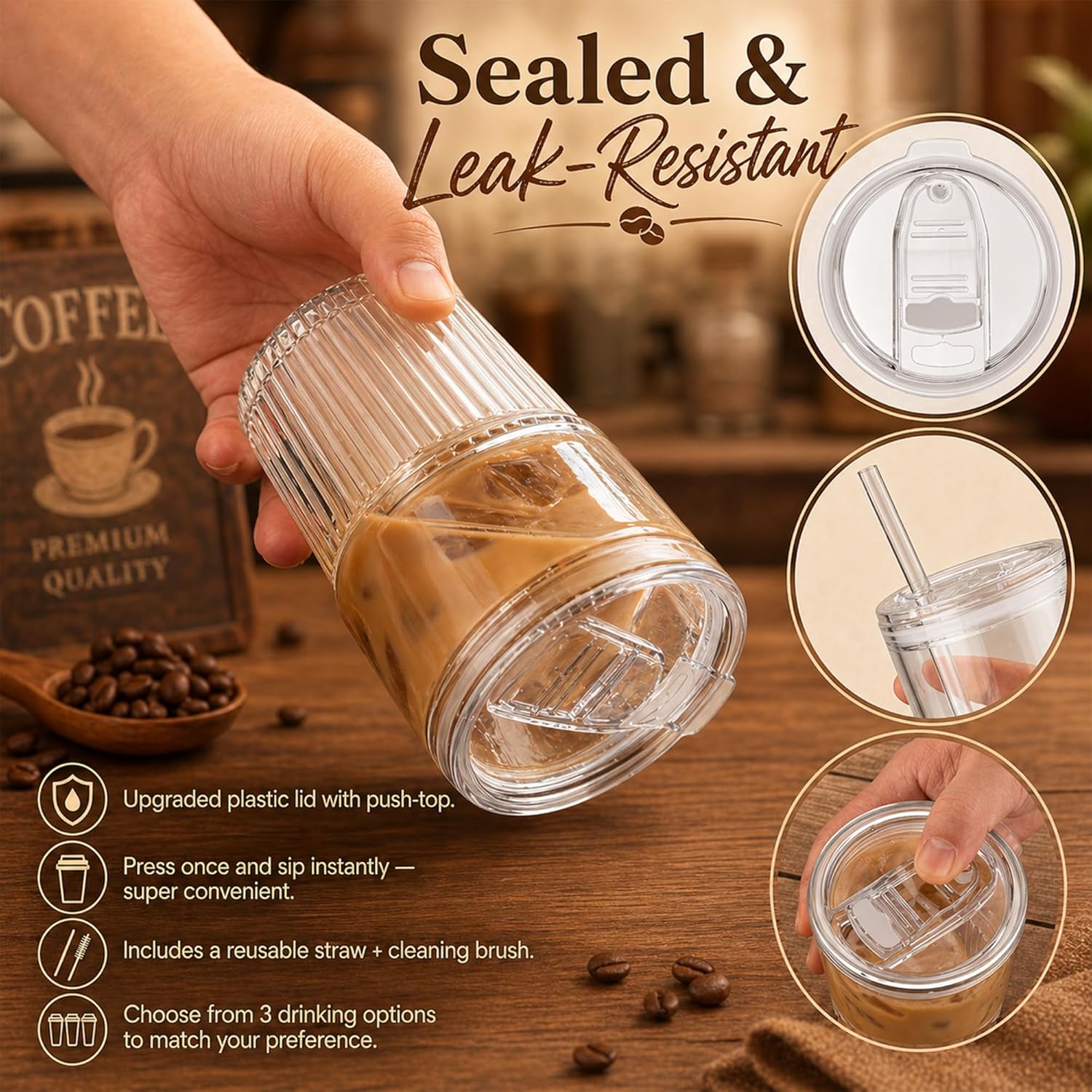 Ribbed Glass Cups with Lids and Straws (2 Pack), 16oz Iced Coffee Glass Tumbler, Leak Proof Coffee Cup To Go