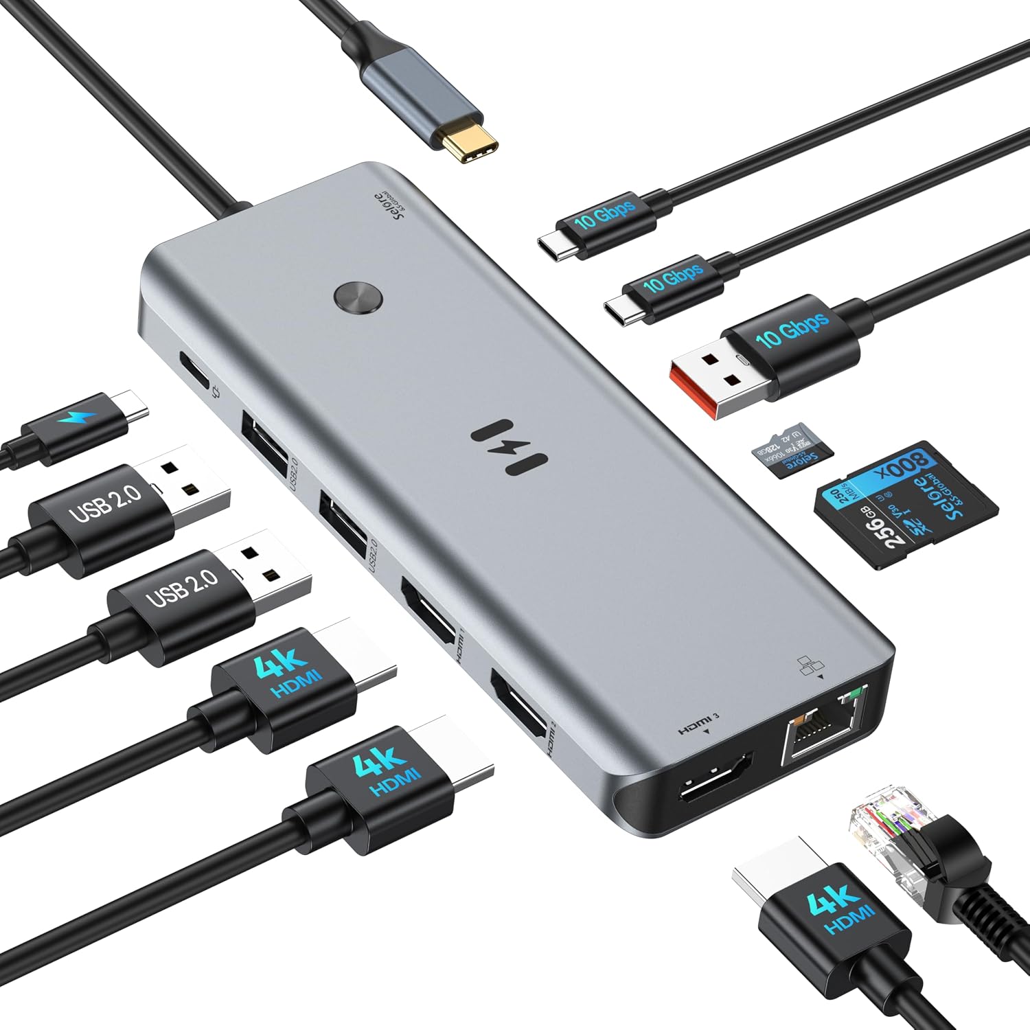 Selore USB C Docking Station 3 Monitors 3 HDMI 13-in-1 Laptop Hub | Triple HDMI, 10Gbps USB A/C 3.1, 100W PD