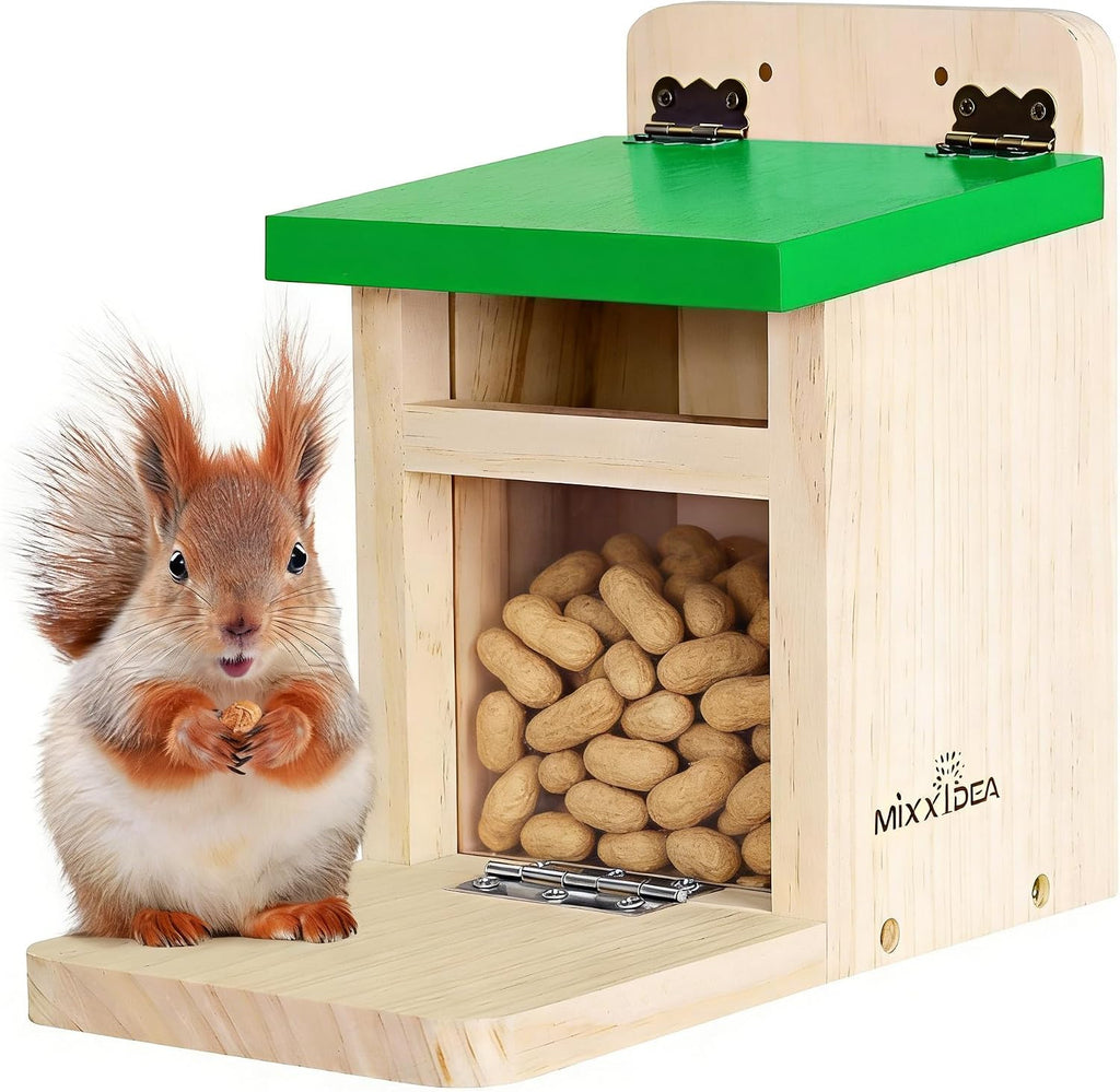 Squirrel Feeders for Outside Garden, Wooden Squirrel Feeder Box,Squirrel Feeding Stations with Green Cover, Easy to