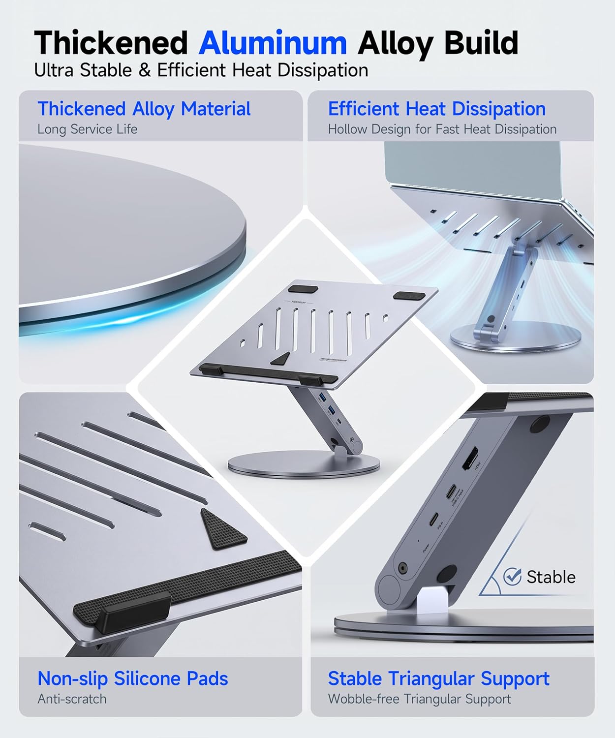 6-in-1 USB C Laptop Docking Station Stand, 4K@60Hz HDMI, 100W PD, 5Gbps USB 3.0, 360° Swivel Adjustable Aluminum