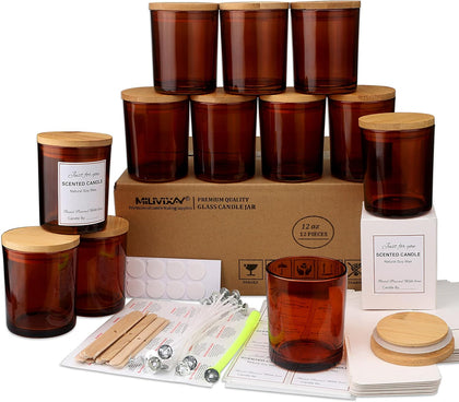 12 Pack 12 OZ Amber Glass Candle Jars with Lids and Candle Making Kits - Bulk Empty Candle Jars for Making Candles