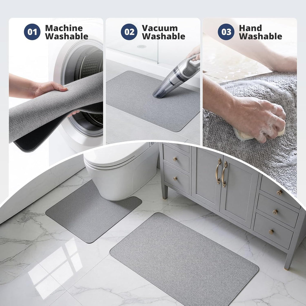 Bathroom Rugs Sets 2 Piece, Thin Bath Mat & U-Shaped Contour Toilet Rug Absorbent Quick Dry, Machine Washable, Non
