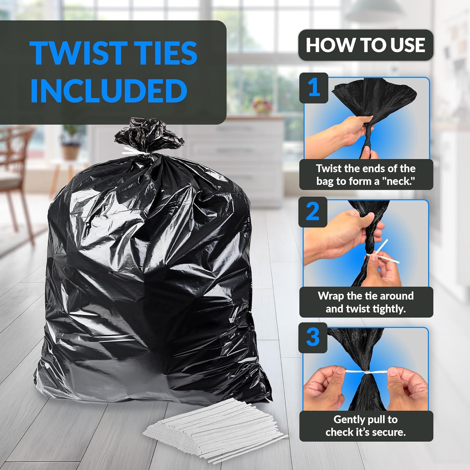 40 to 45 Gallon Trash Bags Heavy Duty | 250 Trash Bags, Twist Ties | Black, Serious Garbage Cleanup | Large Garbage
