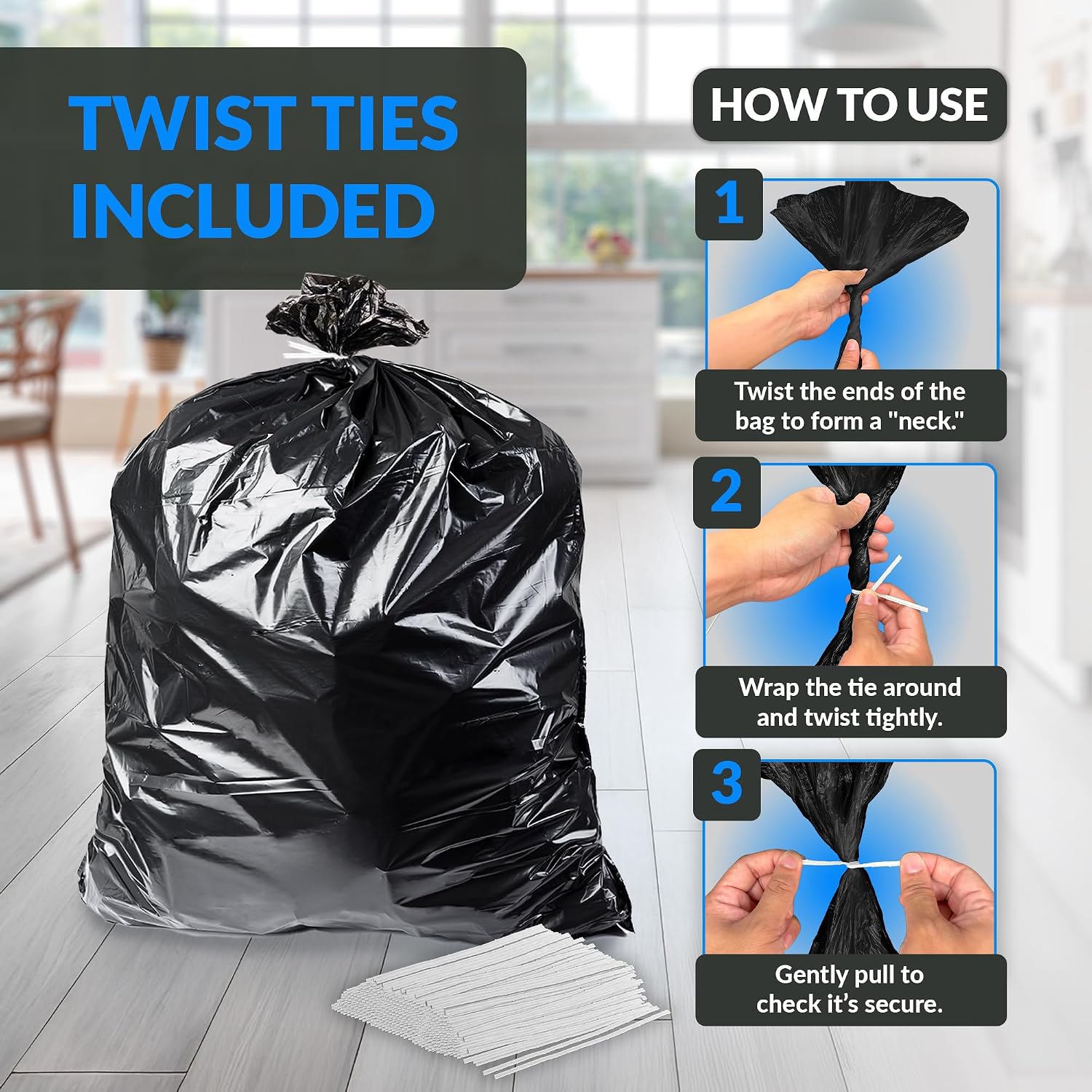 55-60 Gallon Trash Bags Heavy Duty | 150 Trash Bags, Twist Ties | Black, Serious Garbage Cleanup | Large Garbage Bags
