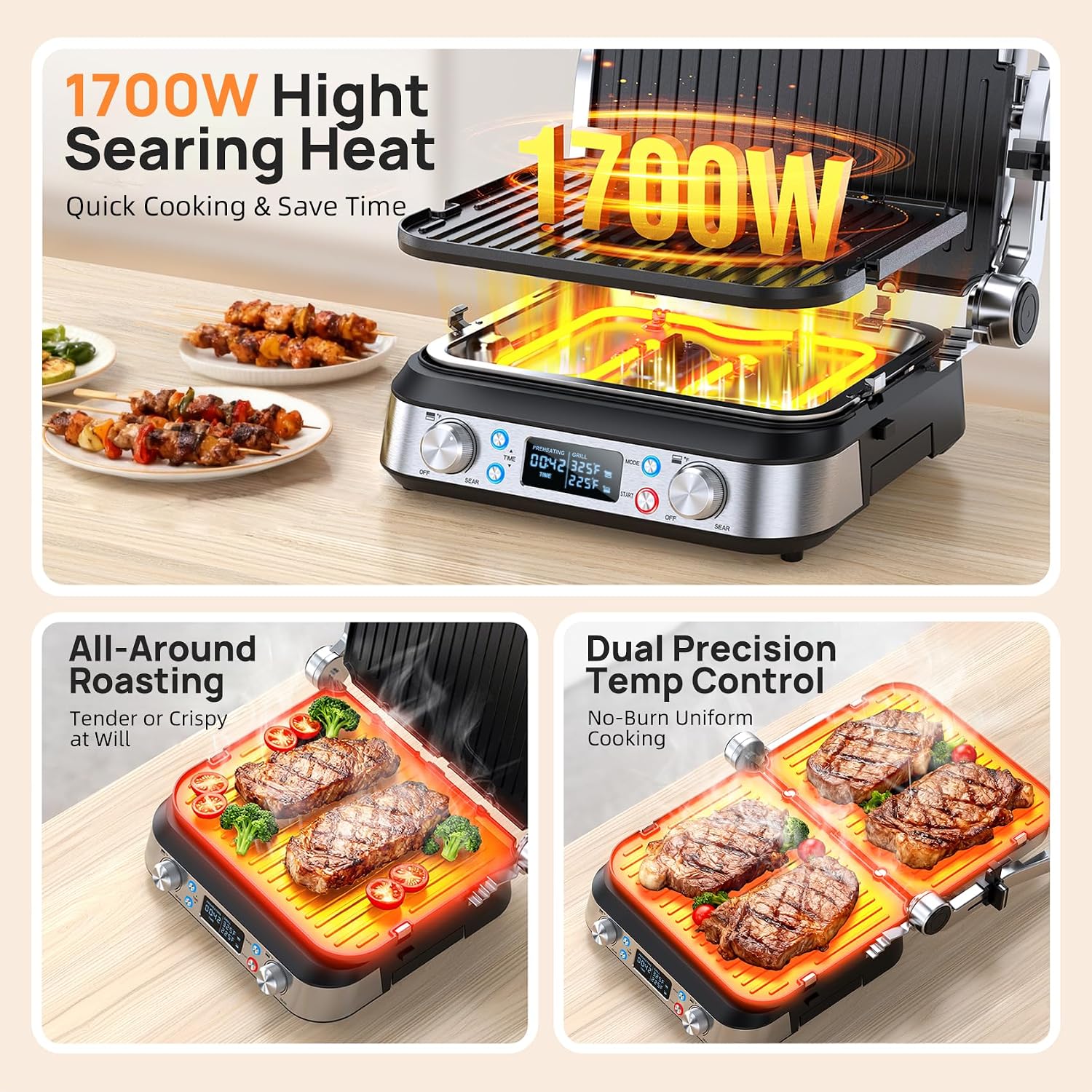 6-in-1 Indoor Grill and Griddle, 14’’, Electric Grill Indoor,1700W | 90-Minute Timer, Reversible nonstick grill &