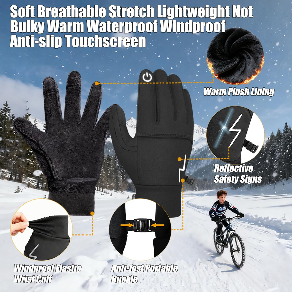 Kids Gloves Winter Waterproof Warm Touchscreen Anti-Slip Reflective Gloves with Velvet Lining for 3-16 Years Girls