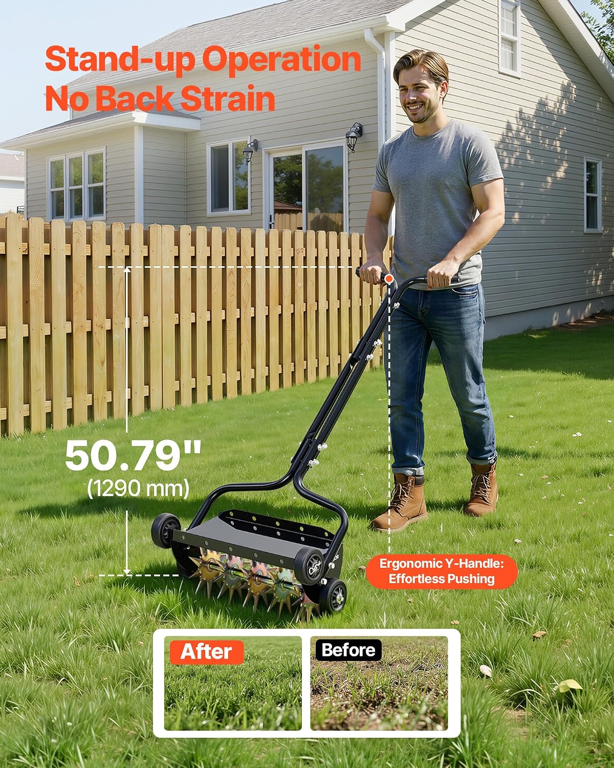 Lawn Aerator, 18 in Manual Push Spike Aerator with 4 Wheels & Handle, Heavy Duty Grass Aerators, Supports 40 lbs