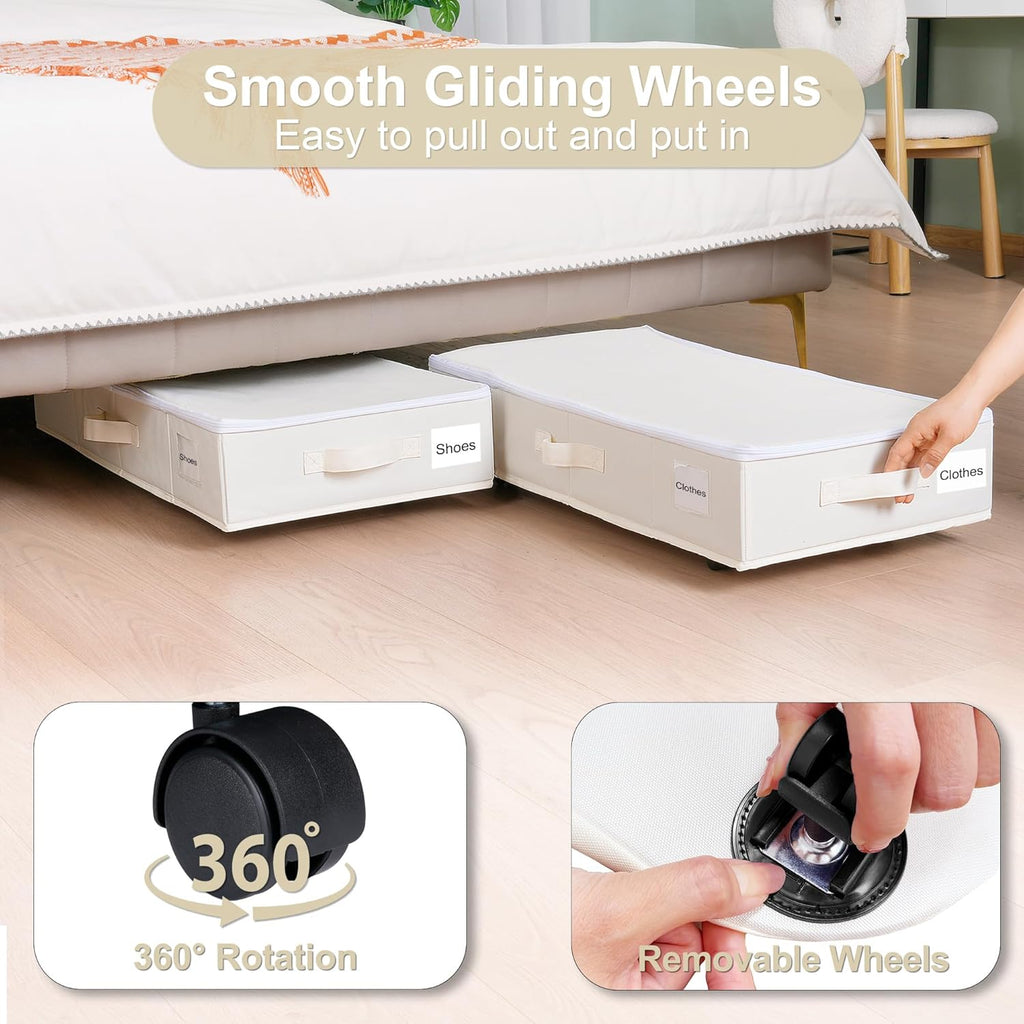Under Bed Storage with Wheels, 2 Pack Under Bed Storage Containers with Label Holders for Clothes, Shoes and