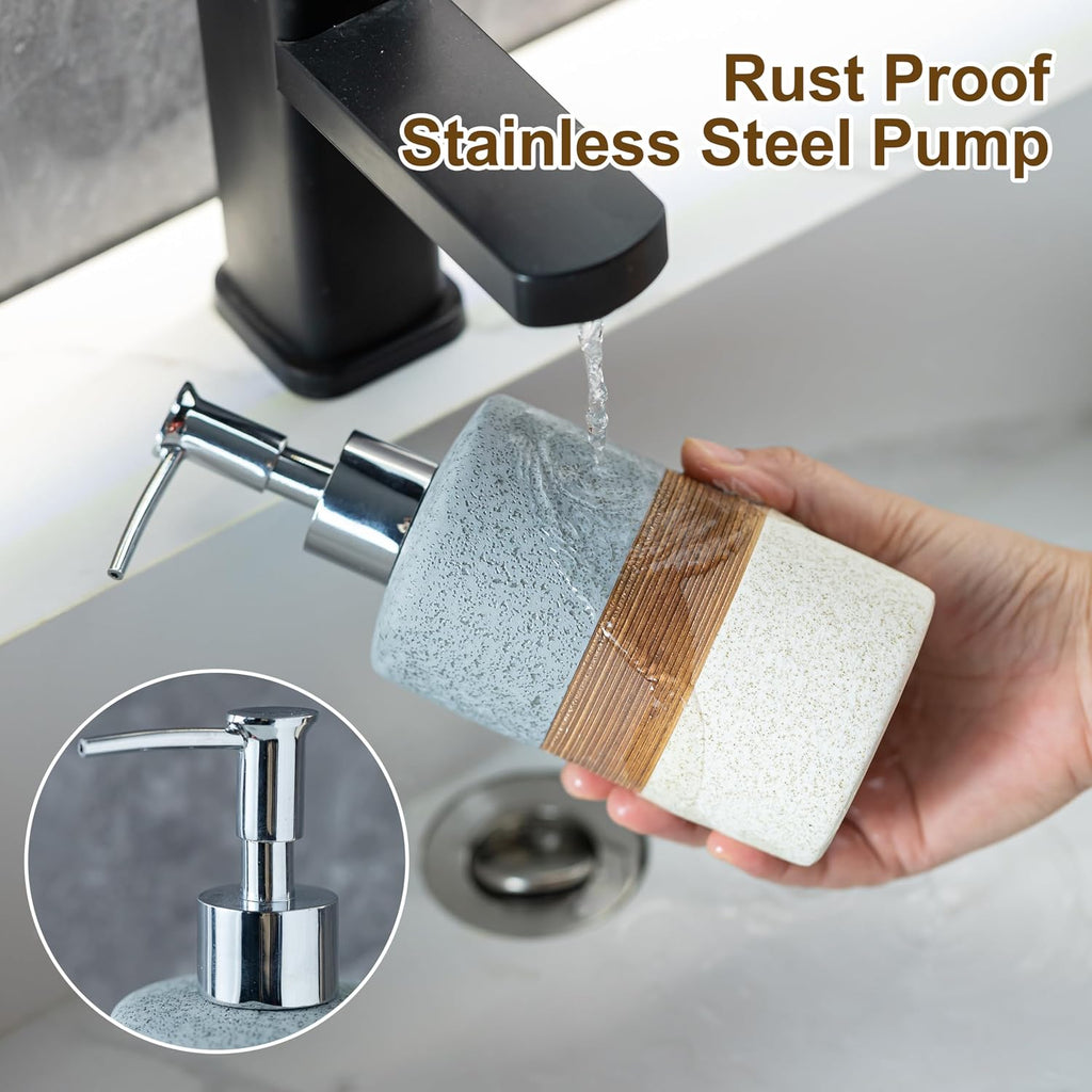 Ceramic Soap Dispenser Set for Hand Soap, Shampoo, Dish Soap, Conditioner, Bathroom & Kitchen, Stainless Steel Pump