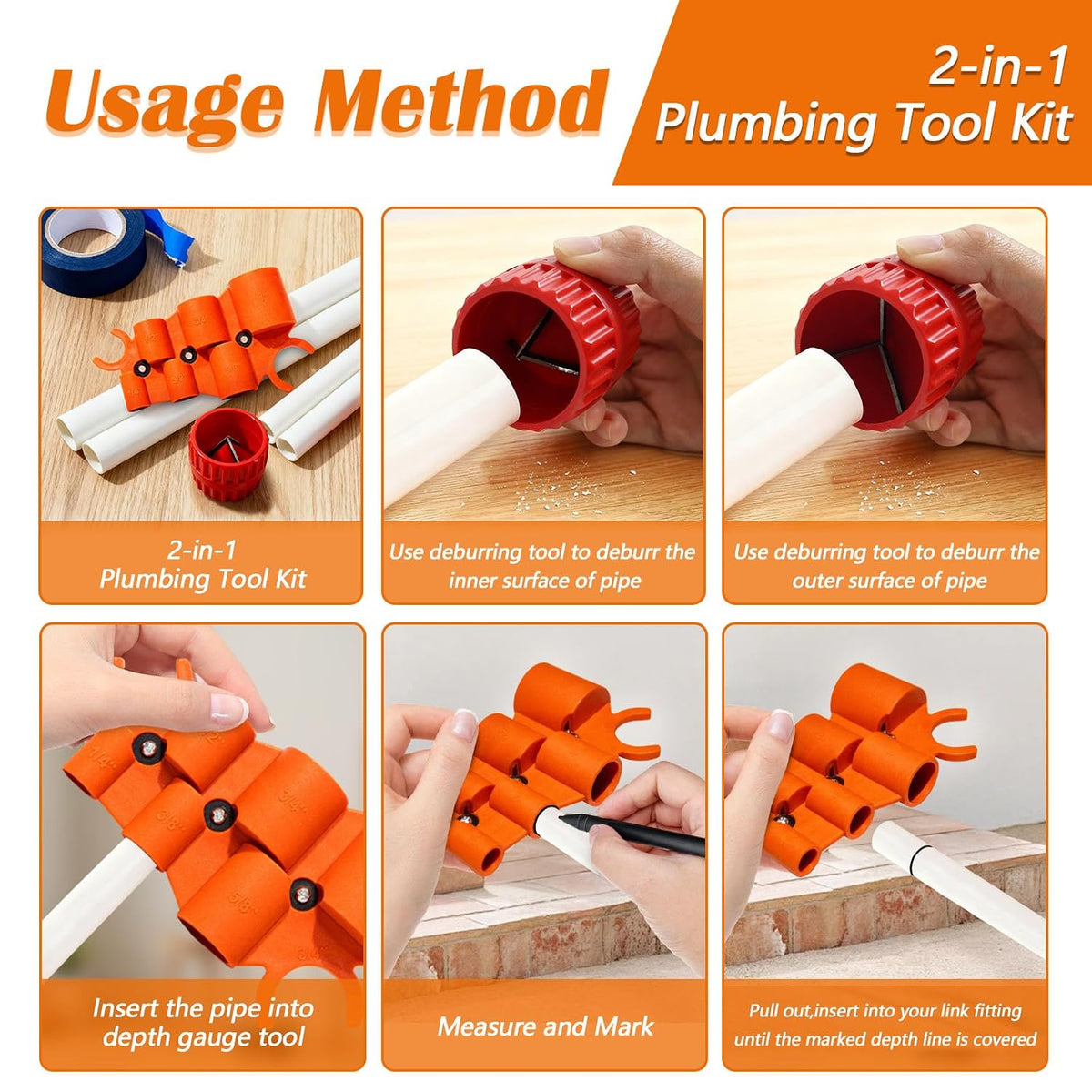 1/4'' - 1'' Pipe Depth Gauge and 3/16" to 1-1/2" Deburring Reamer Tool Kit | 2 in 1 Kit Pipe Depth Gauge, Inner Outer