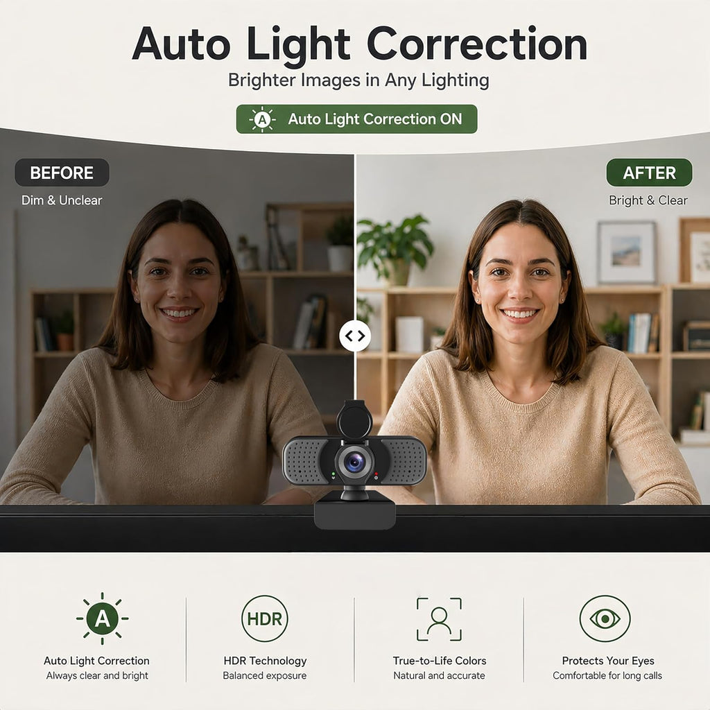 Full HD 1080P Webcam with Microphone, Noise-Canceling, Privacy Cover, Wide-Angle Lens, Auto Light Correction, Plug &