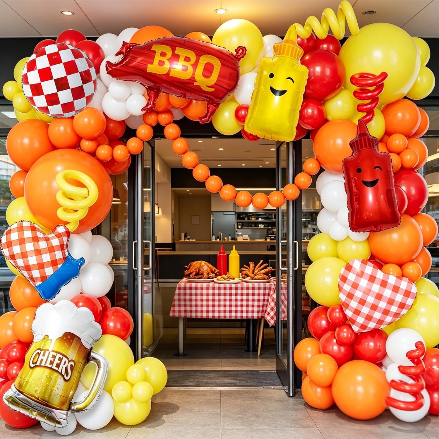 Hot Dog Balloons, BBQ Balloons, 170Pcs Hot-Dog Party Decorations Red Yellow and Orange Balloon Garland Arch Kit with