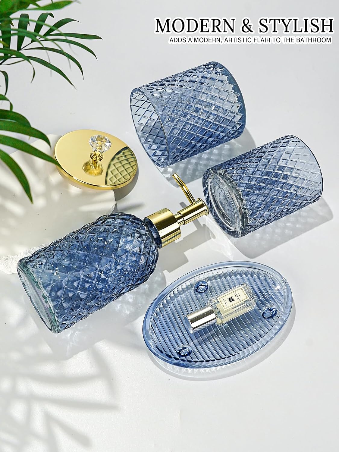 Glass Bathroom Accessories Set, Navy Blue Bathroom Set, 4 Pcs | Kit w/ Bathroom Soap Dispenser Set, Toothbrush