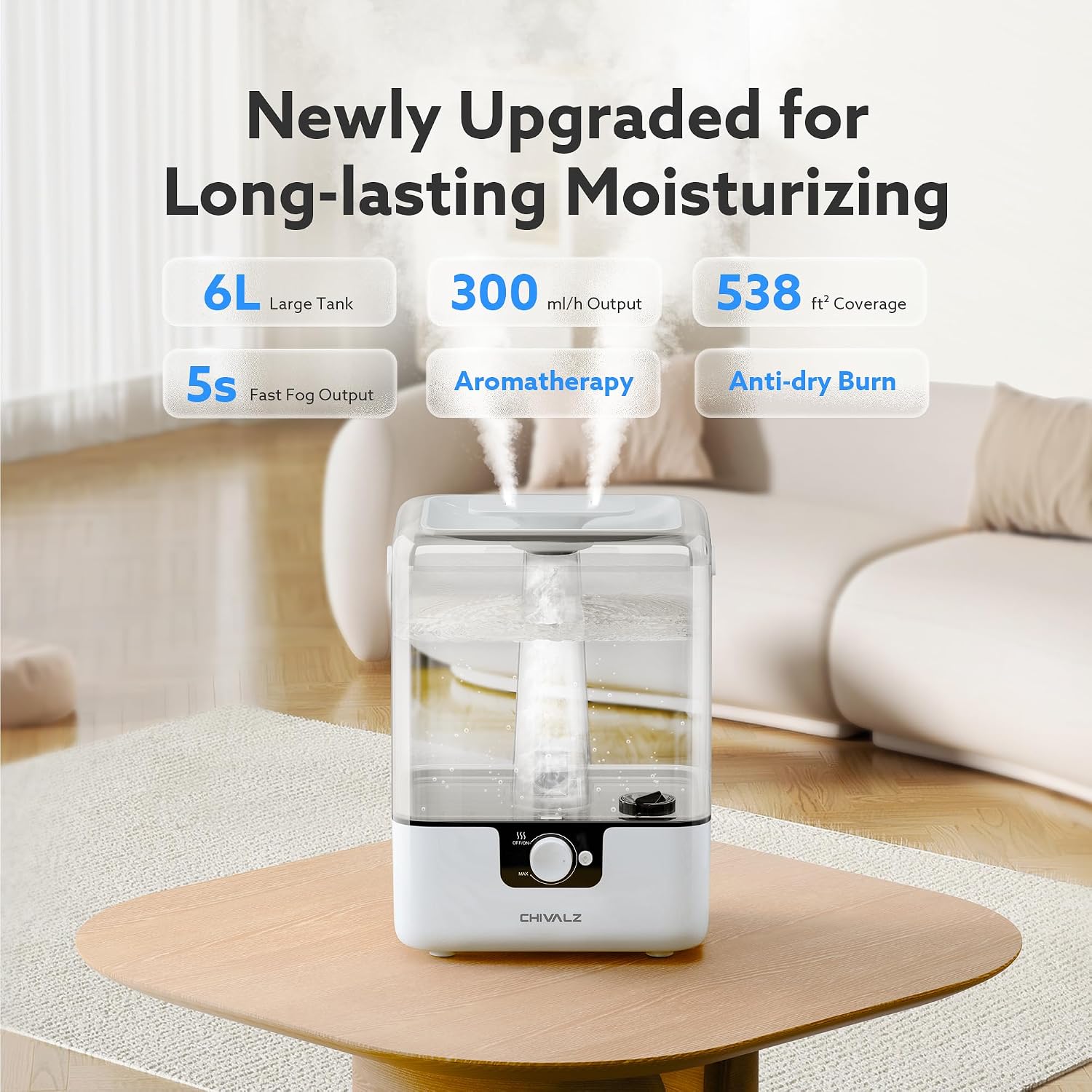 6L Humidifiers for Bedroom, Cool Mist, 26dB, 50H Runtime, White | Top Fill Humidifiers for Home, Baby Nursery, Large