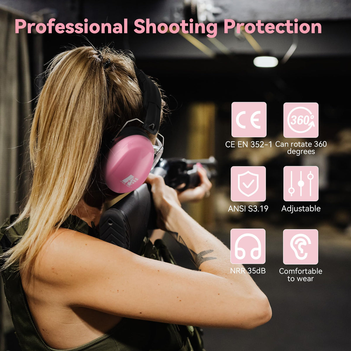Shooting Ear Protection, Noise Reduction Ear Muffs, Pink