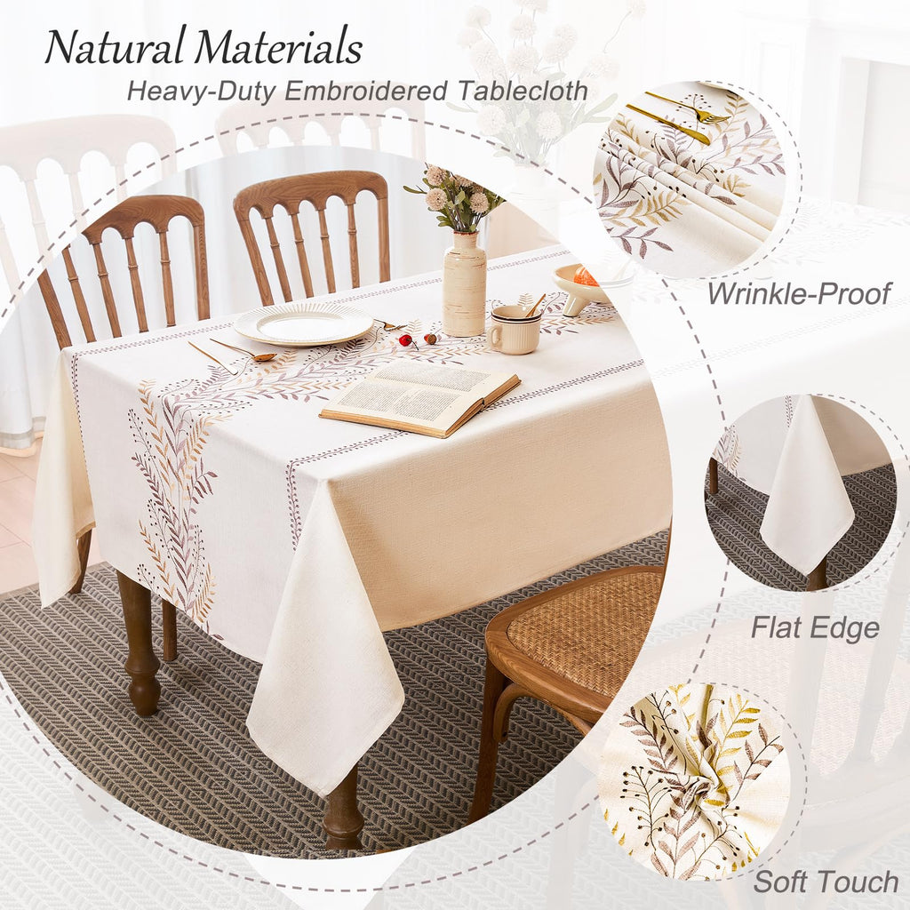 Linen Style Embroidered Tablecloth 55"x71" Rectangle Coffee