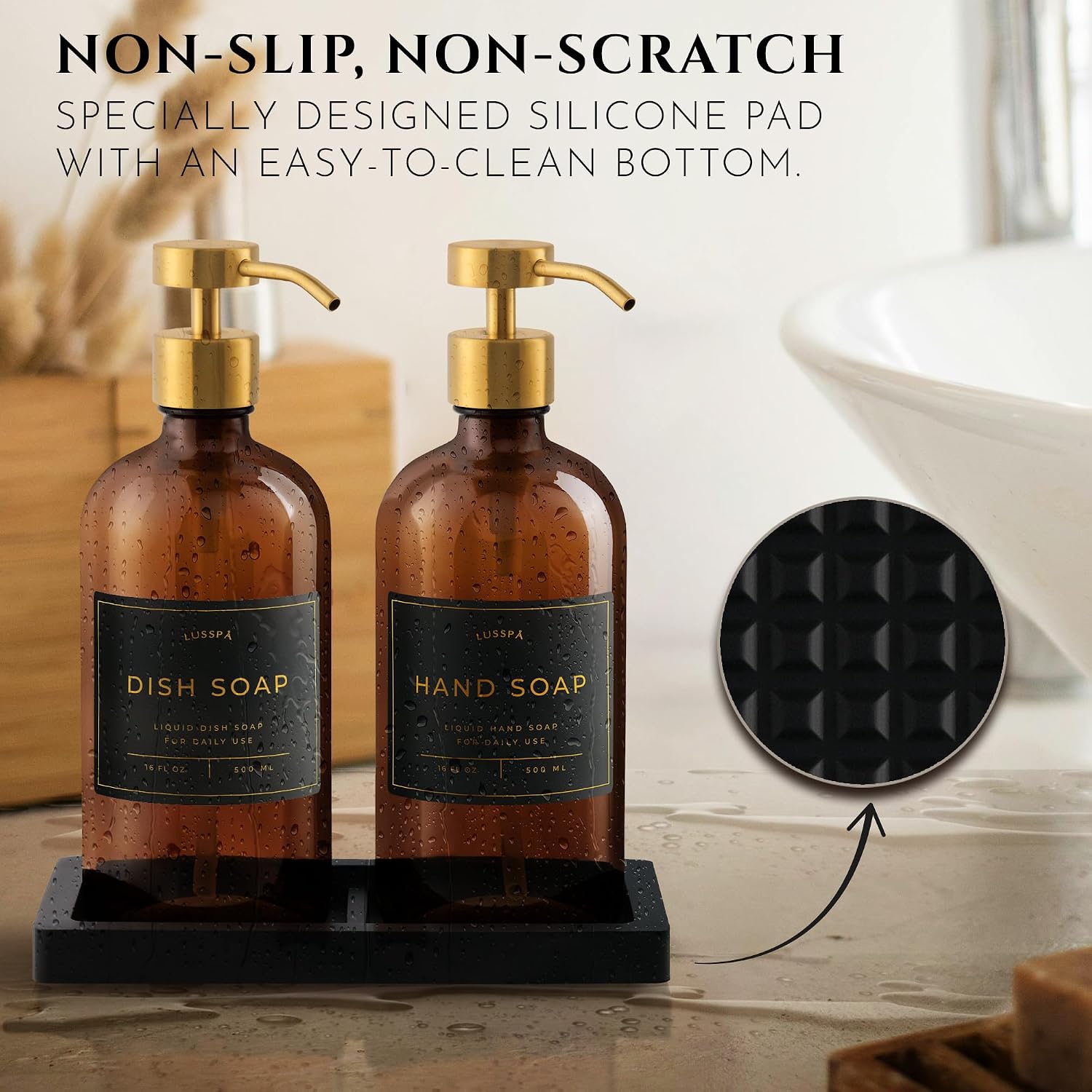 Glass Soap Dispenser Set of 2 (Amber) with Silicone Tray | Hand and Dish Soap Dispenser for Kitchen and Bathroom |