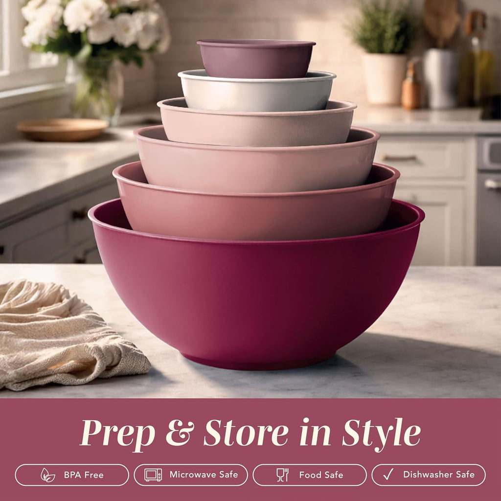 Mixing Bowls with Lids - 12 Piece Plastic Nesting Bowls Set includes 6 Prep Bowls and 6 Lids, Microwave Safe Mixing