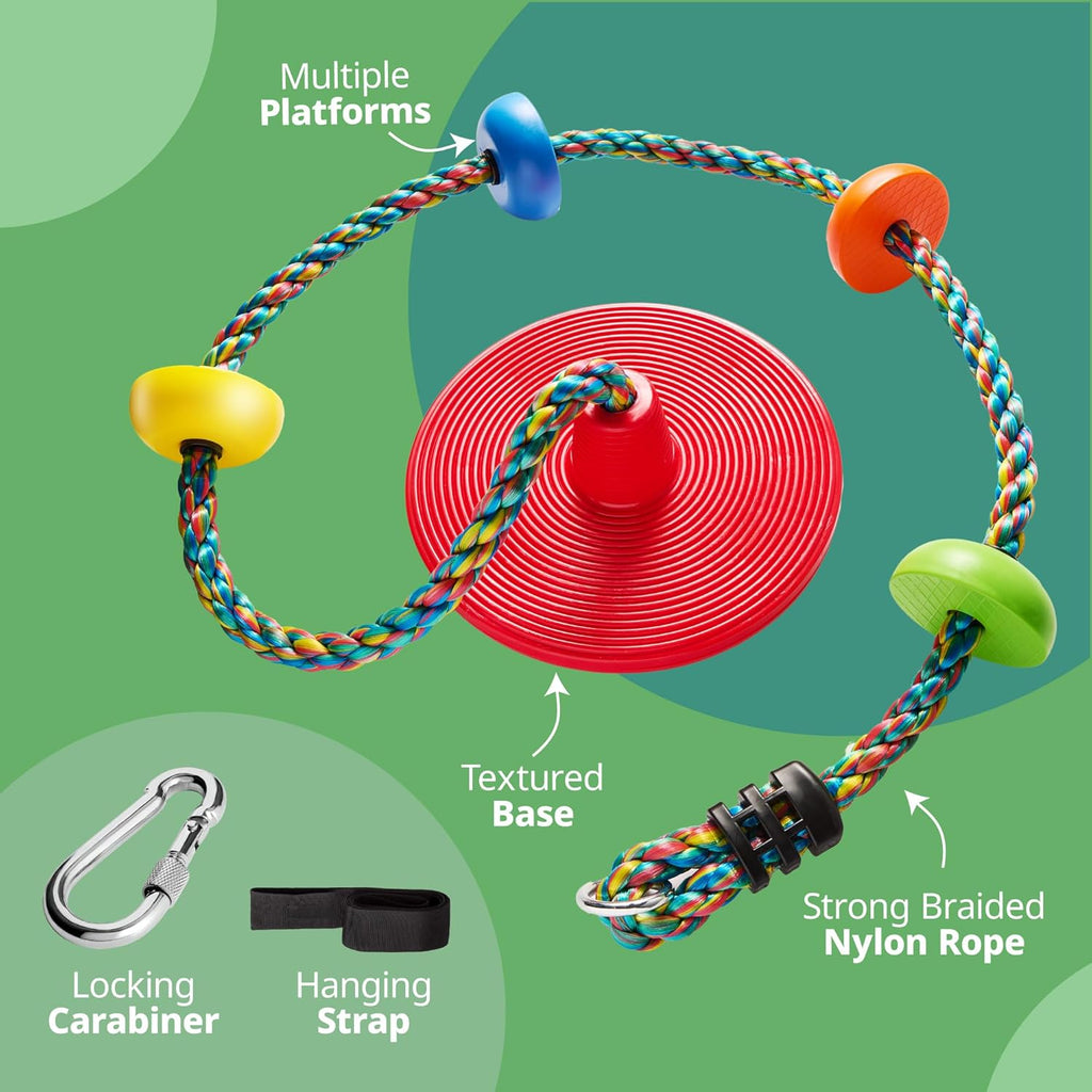 Tree Swing for Kids - Single Disc Seat and Rainbow Climbing Rope Set w/Carabiner and 4 Foot Strap - Treehouse and