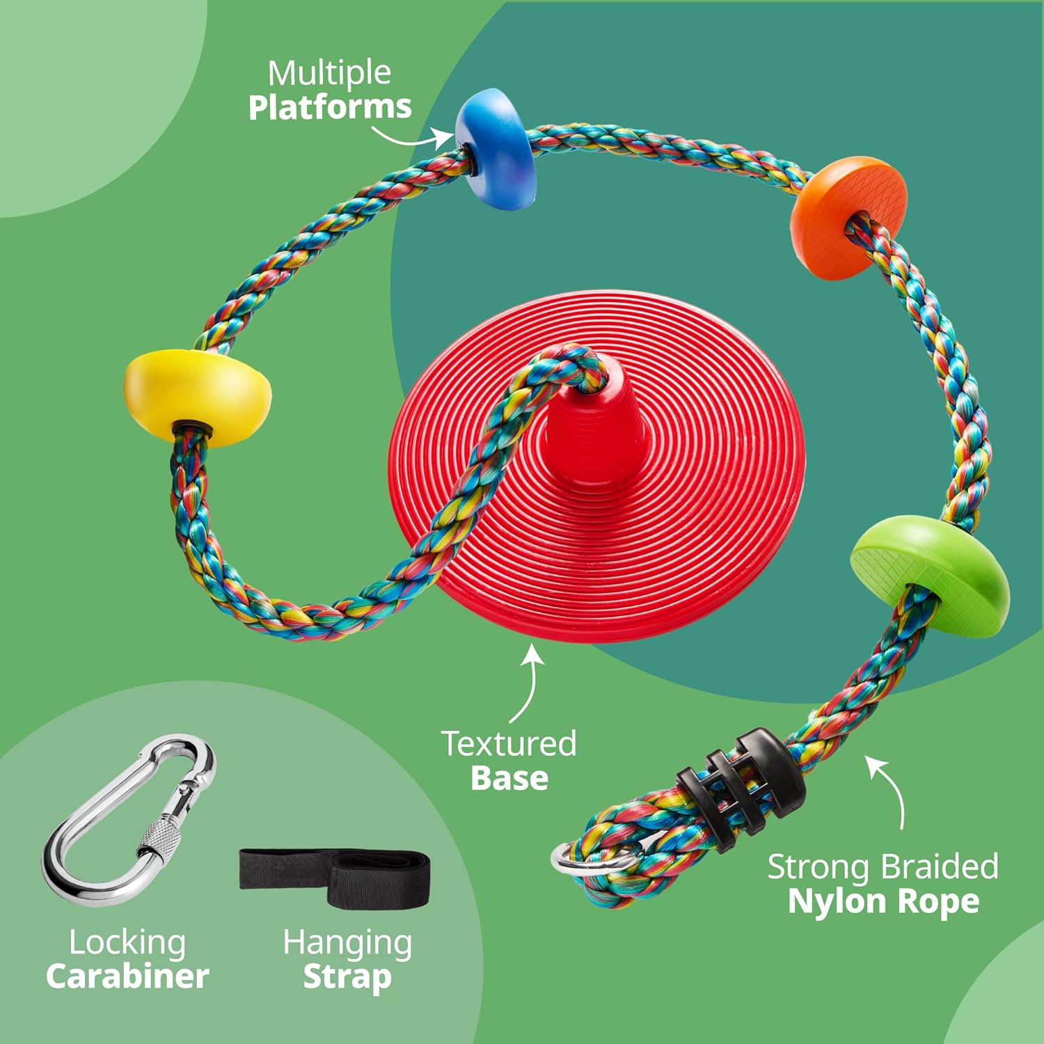 Tree Swing for Kids - Single Disc Seat and Rainbow Climbing Rope Set w/Carabiner and 4 Foot Strap - Treehouse and