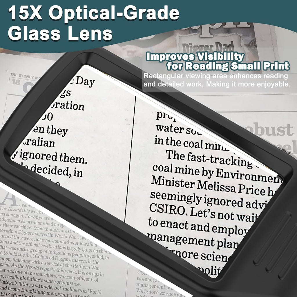 15X Rechargeable Magnifying Glass with Light, Real Glass Page Lens, 3 Color Modes Stepless Dimmable, Lighted Handheld