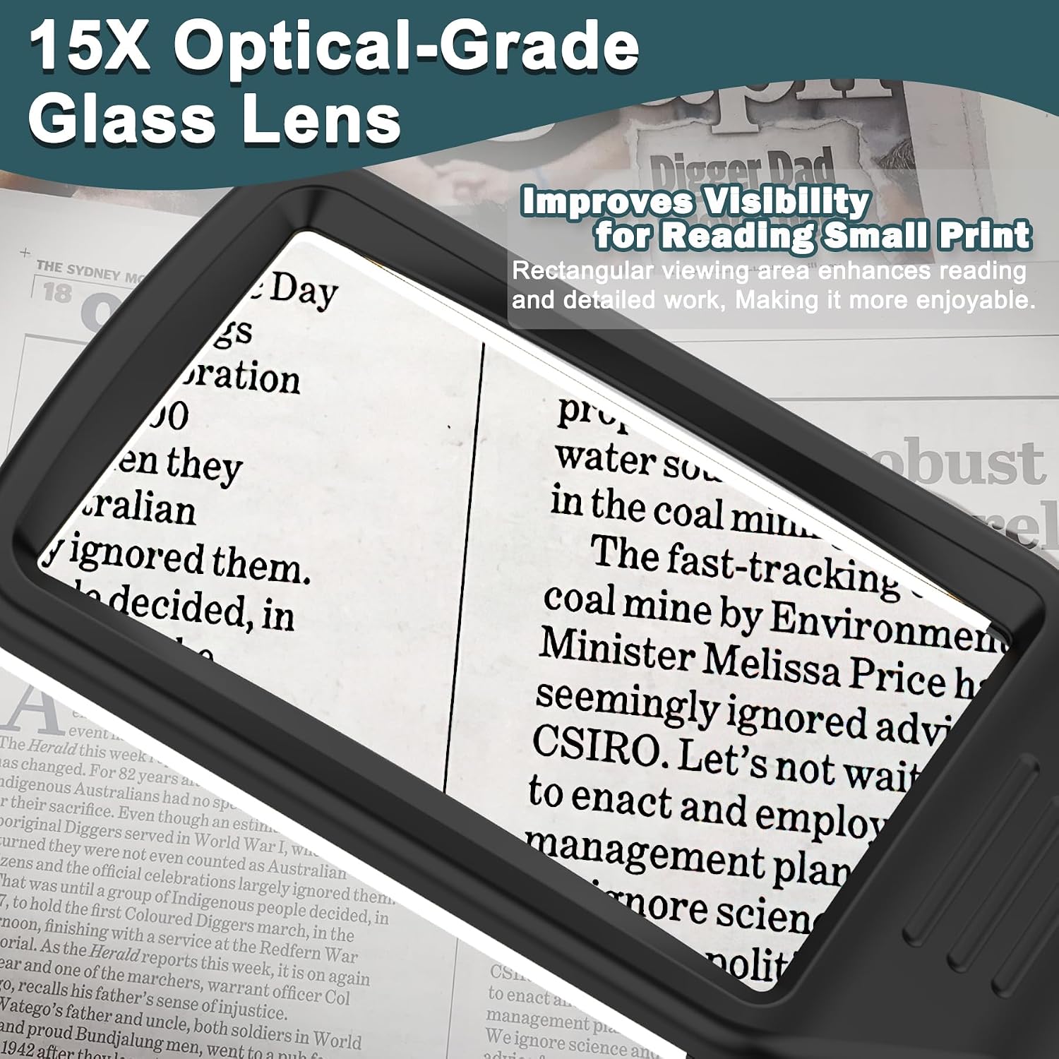 15X Rechargeable Magnifying Glass with Light, Real Glass Page Lens, 3 Color Modes Stepless Dimmable, Lighted Handheld