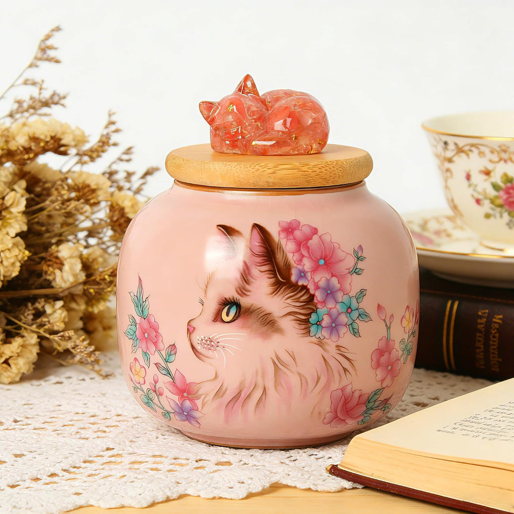 Ceramic Cat Urn for Ashes, Small Pet Urn with Crystal Cat Sculpture on Top, Pet Cremation Keepsake with Pink Cat
