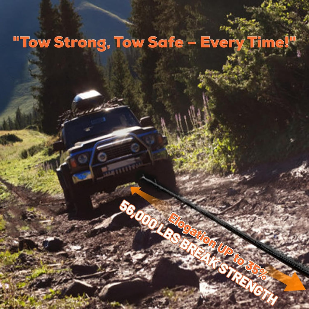 1.26" x30ft Kinetic Recovery Rope 56,000lbs, with 2 Soft Shackles