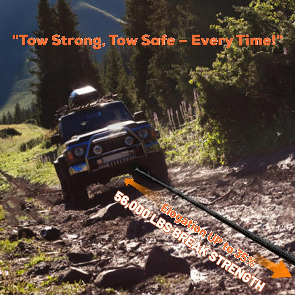 1.26" x30ft Kinetic Recovery Rope 56,000lbs, with 2 Soft Shackles