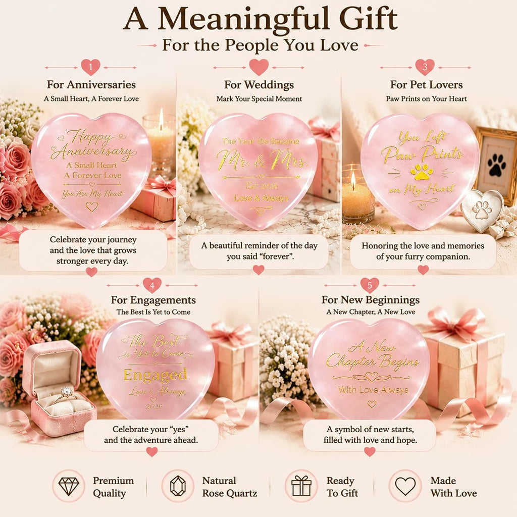 Rose Quartz Pet Memorial Gifts for Loss of Dog, Cat -Heart Crystal Stone