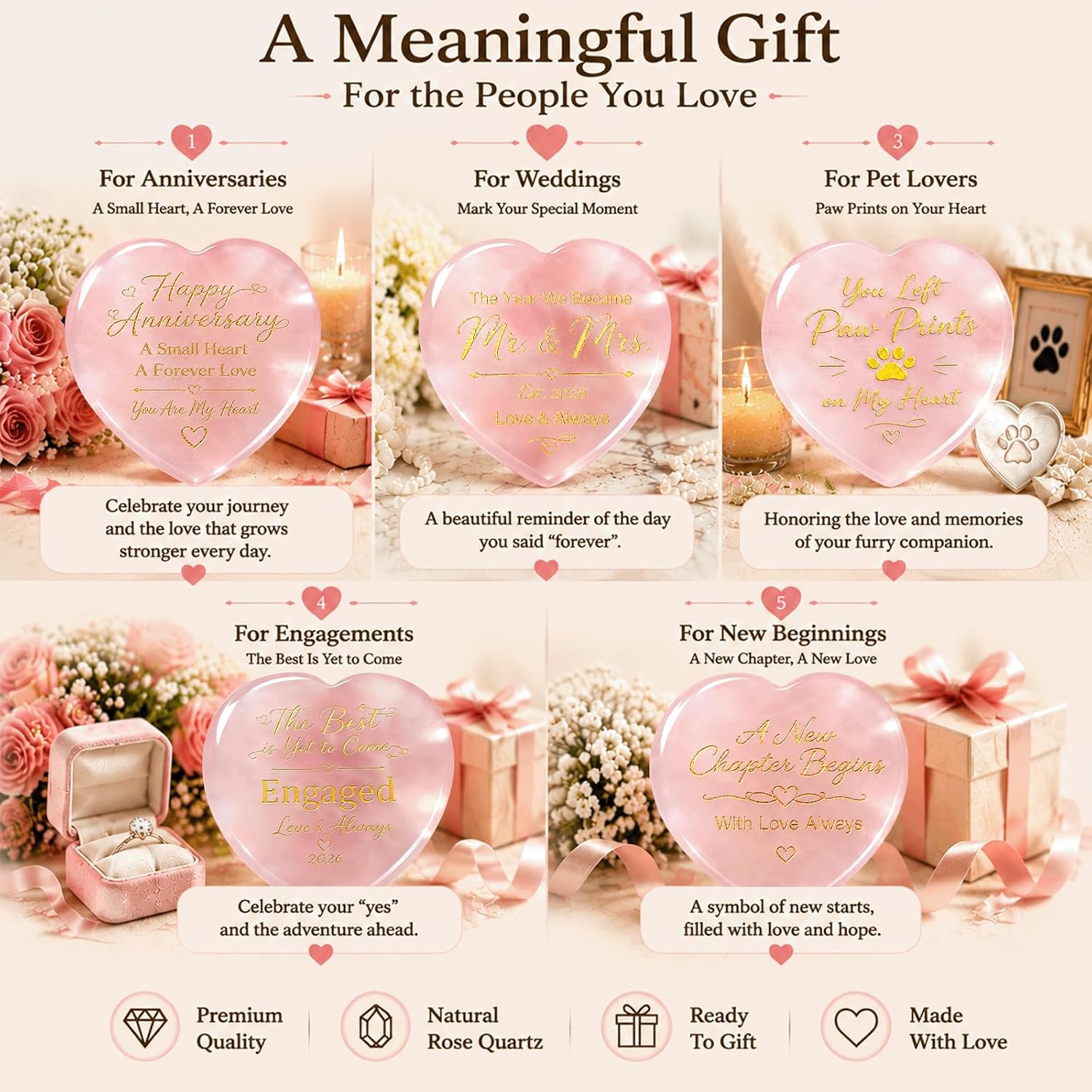 Rose Quartz Pet Memorial Gifts for Loss of Dog, Cat -Heart Crystal Stone