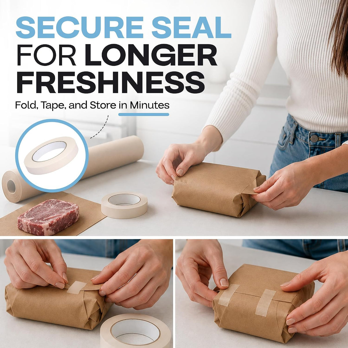 Brown Freezer Paper Roll 18" x 1800" (150 feet) with Freezer Tape, USA-Made