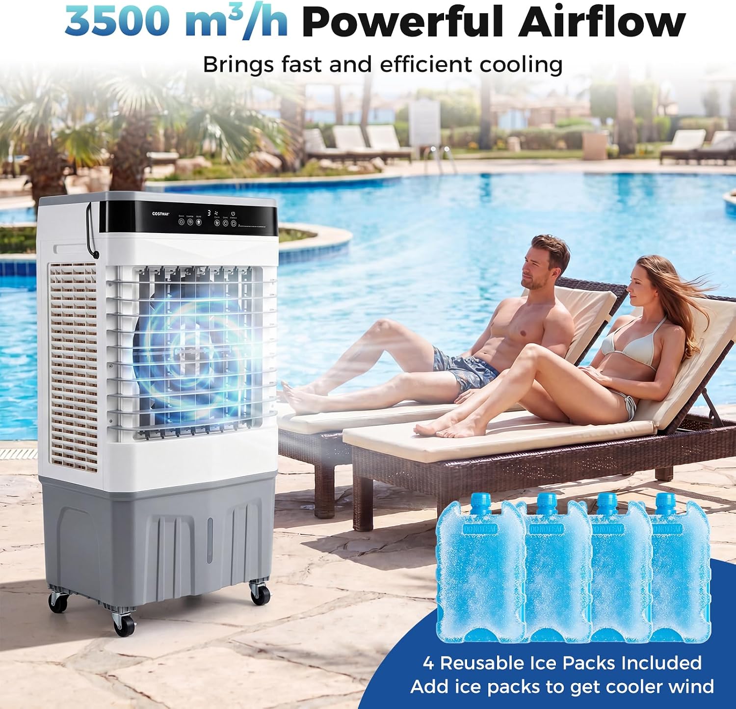 3-in-1 Swamp Cooler, 2100 CFM Evaporative Air Cooler, White | Portable Cooling Fan with Remote, 5.3 Gal Water Tank, 3