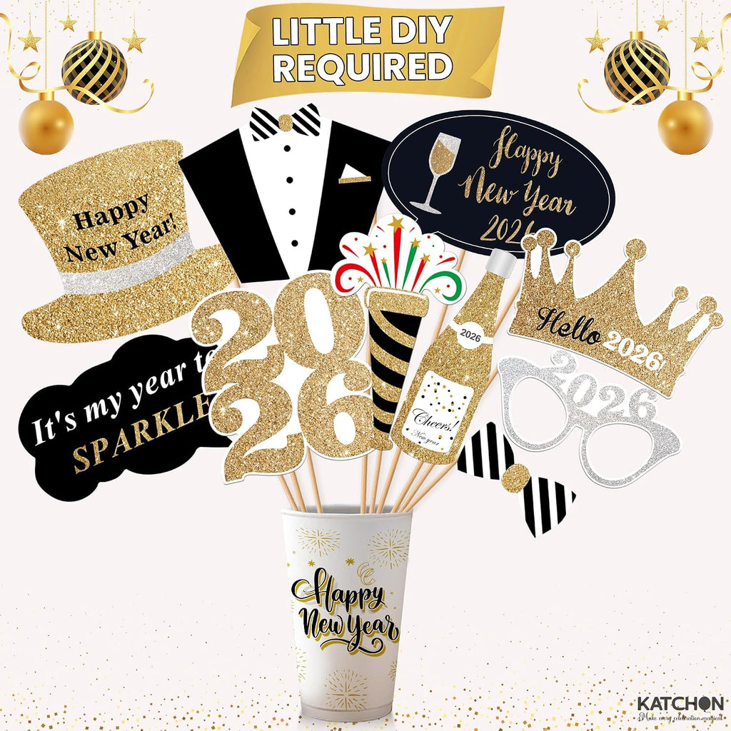 Glitter New Years Photo Booth Props, Pack of 35 | NYE Photo Booth Props for New Years Eve Party Supplies 2026, New