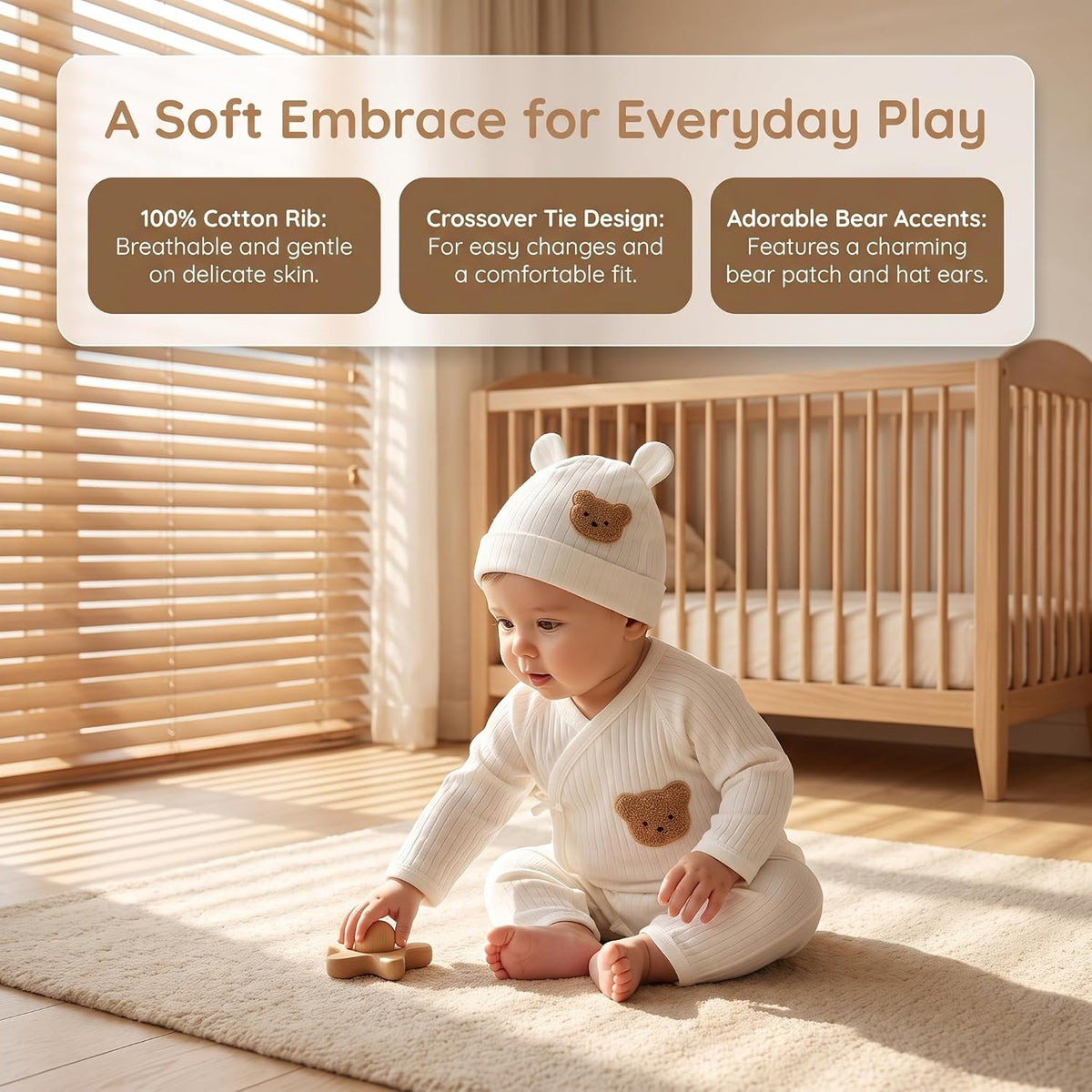Baby Boy Romper with Hat 100% Cotton Girl Cute Bear Ribbed Long Sleeve Bodysuit