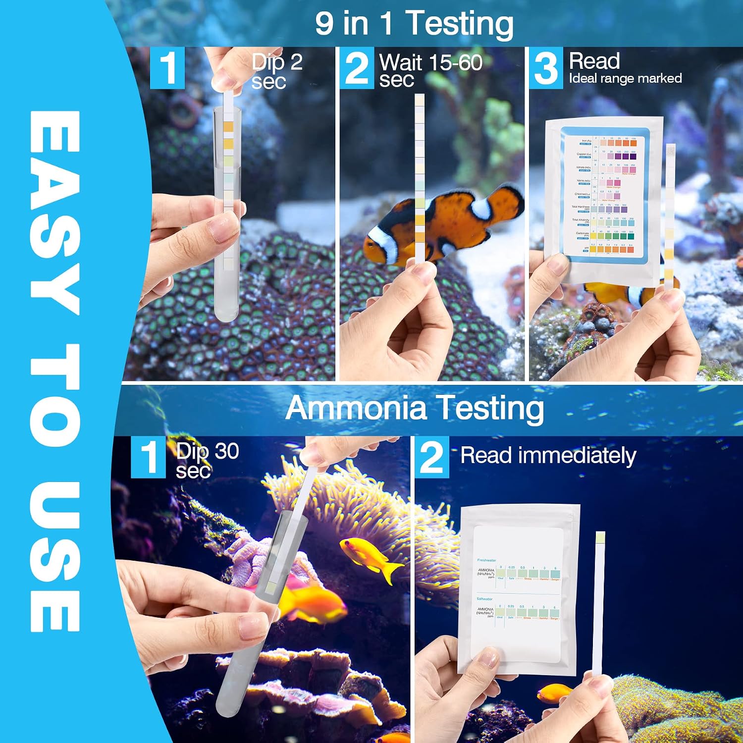10 in 1 Ammonia Test Kit for Aquarium, 150ct Aquarium Ammonia Test Strips Freshwater Saltwater, Fish Tank Aquarium