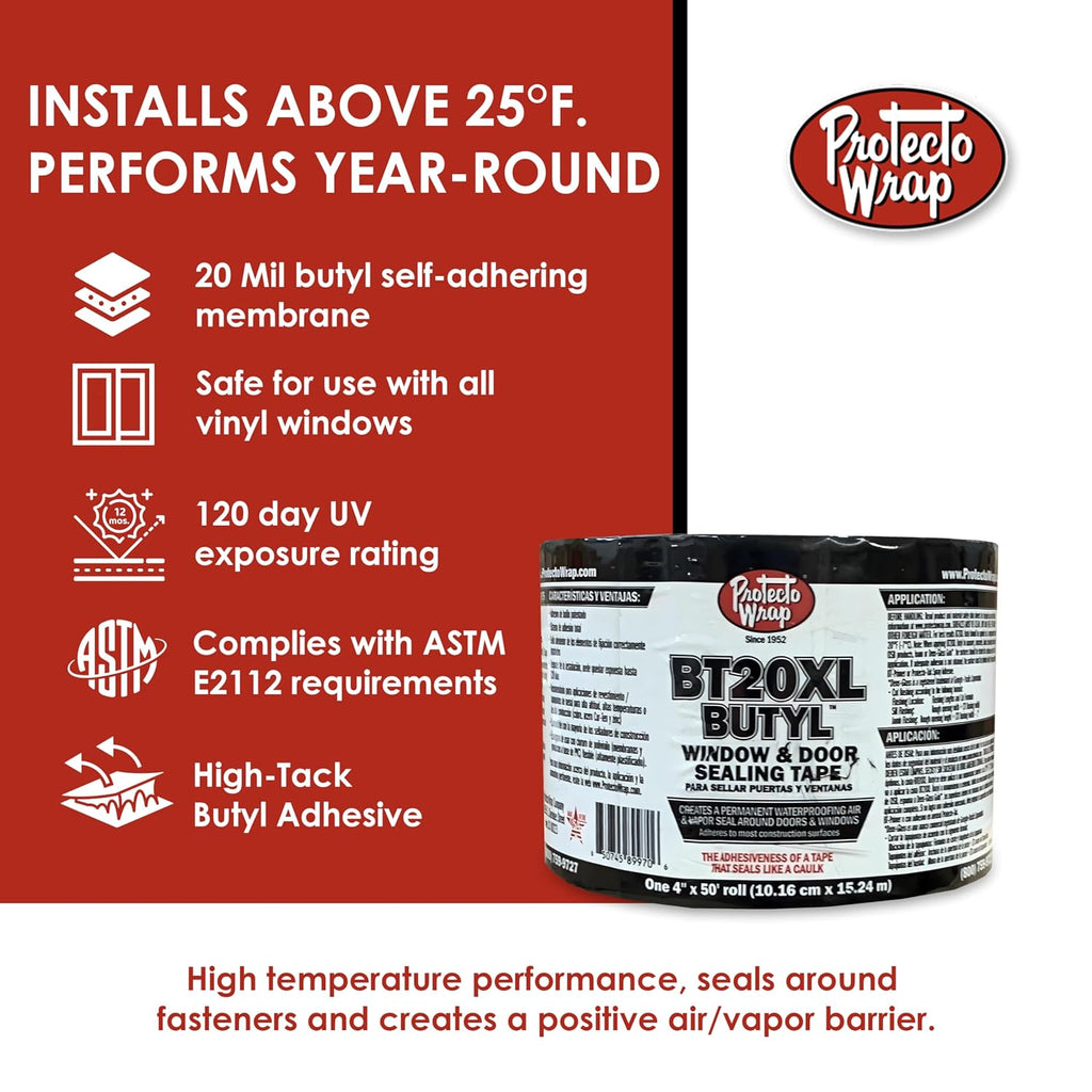 BT20XL Butyl Flashing Tape 4" x 50' – 12 Rolls Per Case
