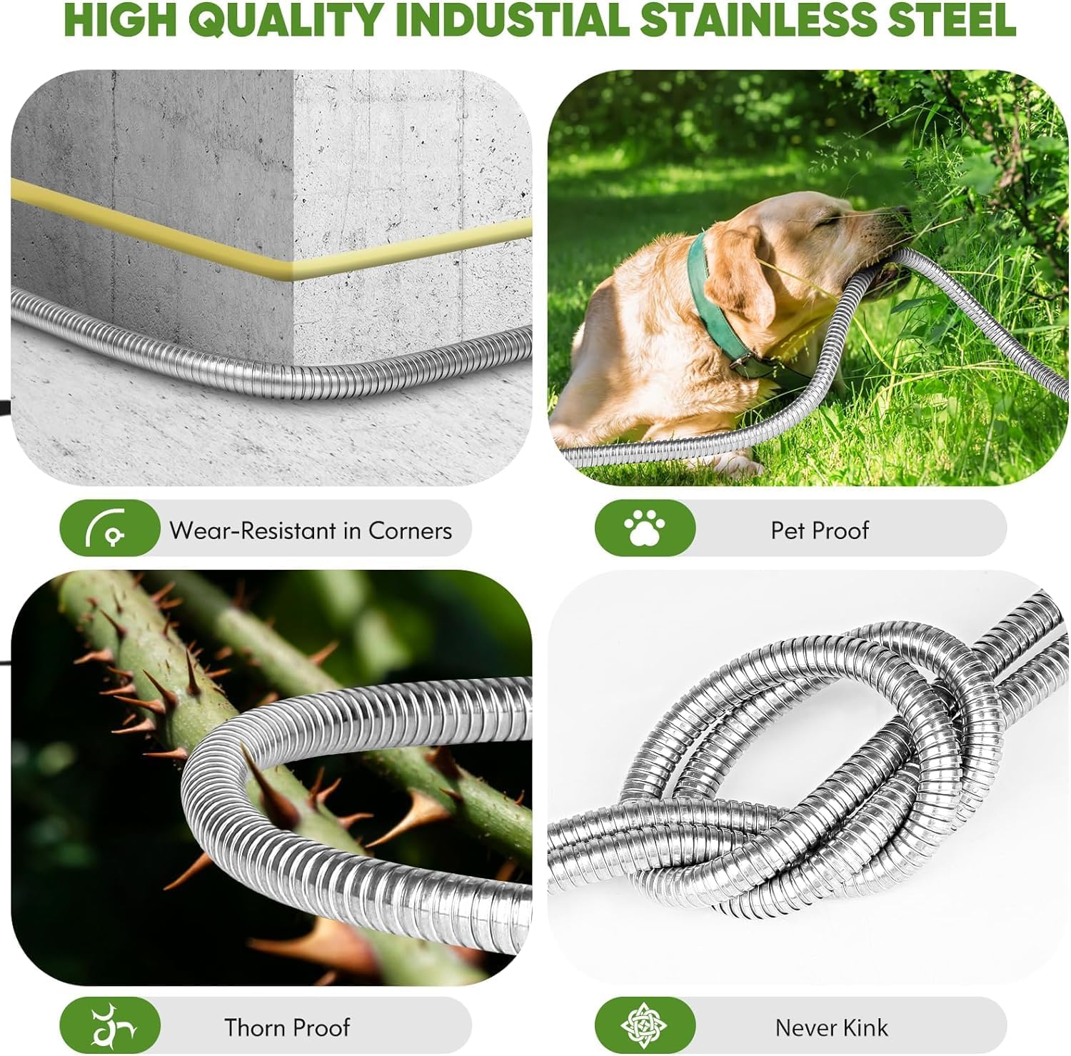 Garden Hose 50 ft, Stainless Steel Water Hose with 10 Function Nozzle Flexible, Heavy Duty, Lightweight, No-Kink, Pet