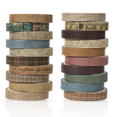 Washi Tape Set, 20 Rolls Vintage Cute Decorative Craft Adhesive Tapes Bulk Pack, 0.27 Inch x 3.28 Yard/Roll Pattern
