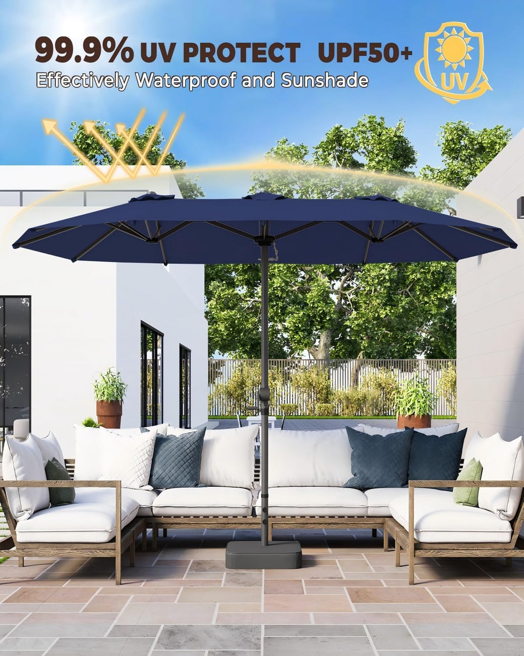 15ft Patio Umbrella with Base Include, Large Outdoor Double-Sided Rectangle Umbrella with Easy Crank Handle for