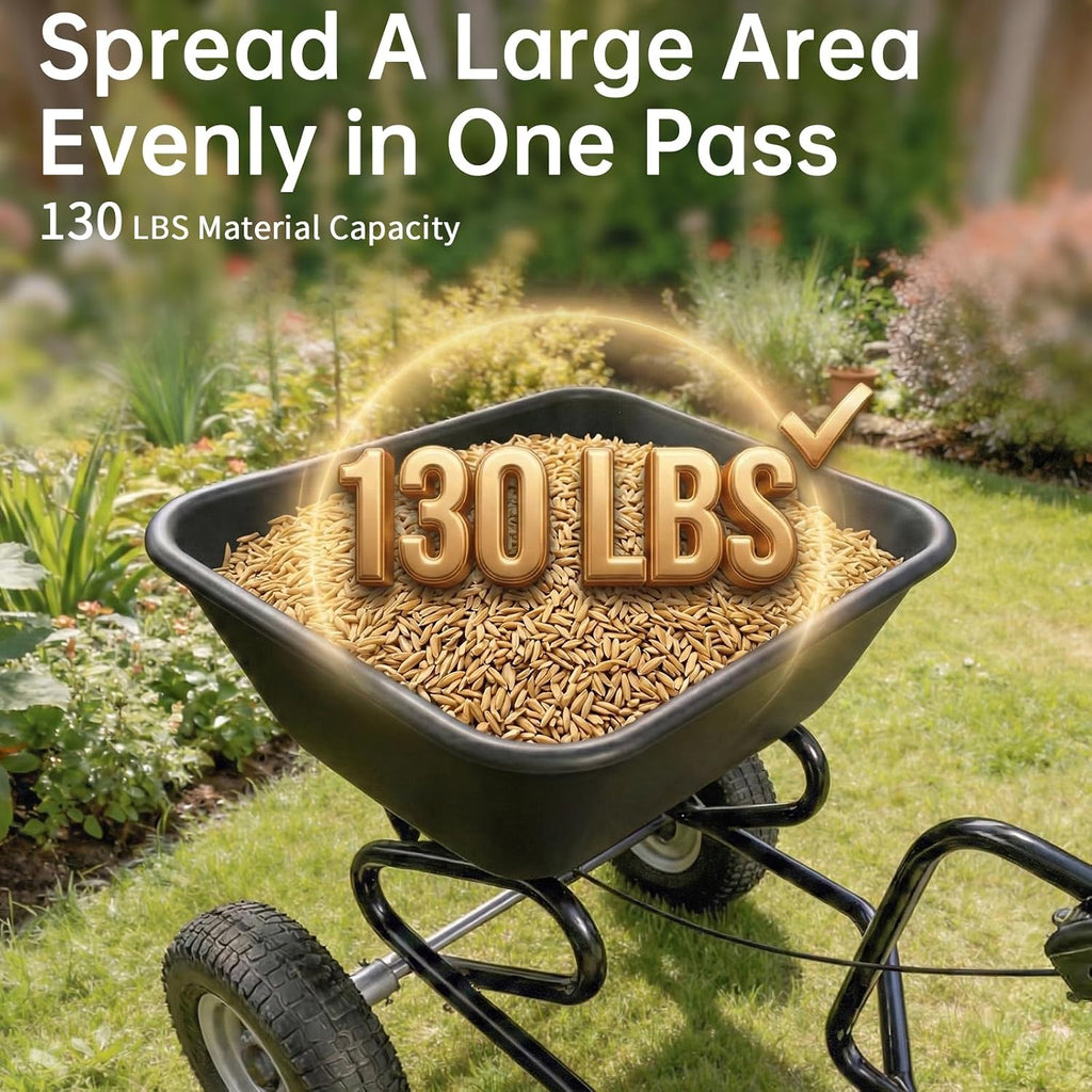 130 LBS Heavy Tow Behind Fertilizer Spreader with Universal Hitch | 130 lbs large capacity &10 adjustable spread