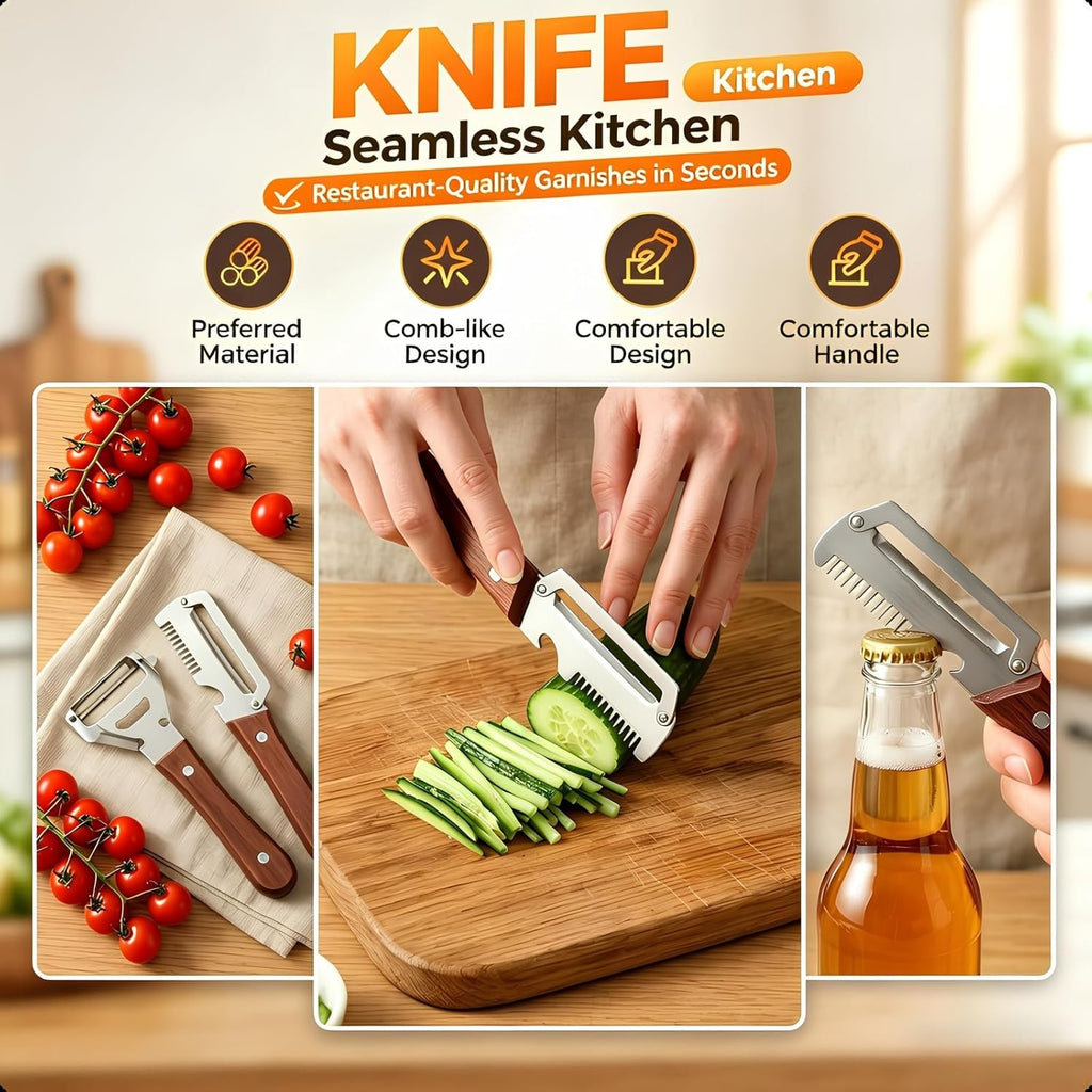 2-Pack Multifunctional Vegetable Peeler, 3 in 1 Kitchen Peeler with Wooden Handle, Grater & Bottle Opener for Potato