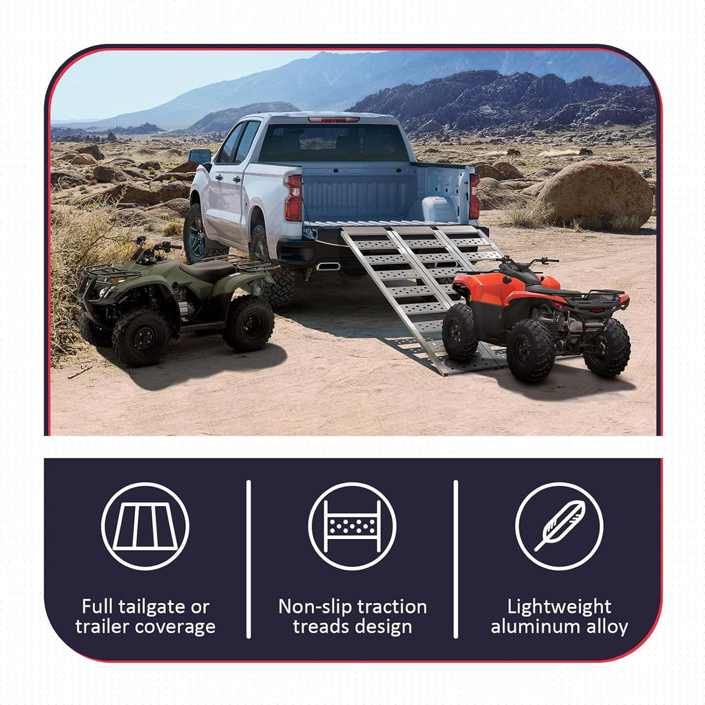 Tri-Fold Ramps with Treads, Full Width Aluminum Loading Ramps with Load Straps, Manual Welding Ramp for Motorcycles